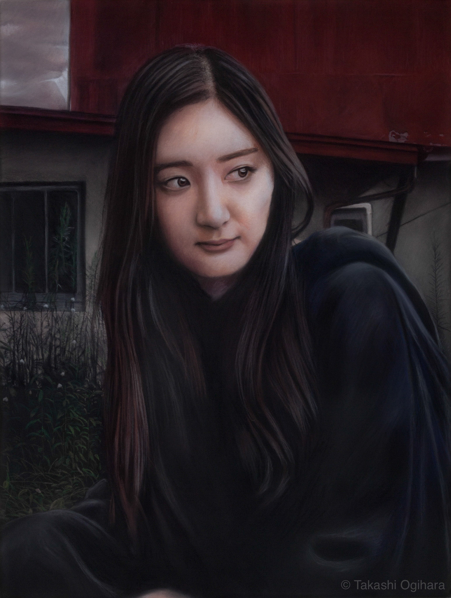 Today 13: 21 March 2024 Pastelmat 650mm✕488mm / A painting that assumes my daughter is sitting by my late father's clinic.