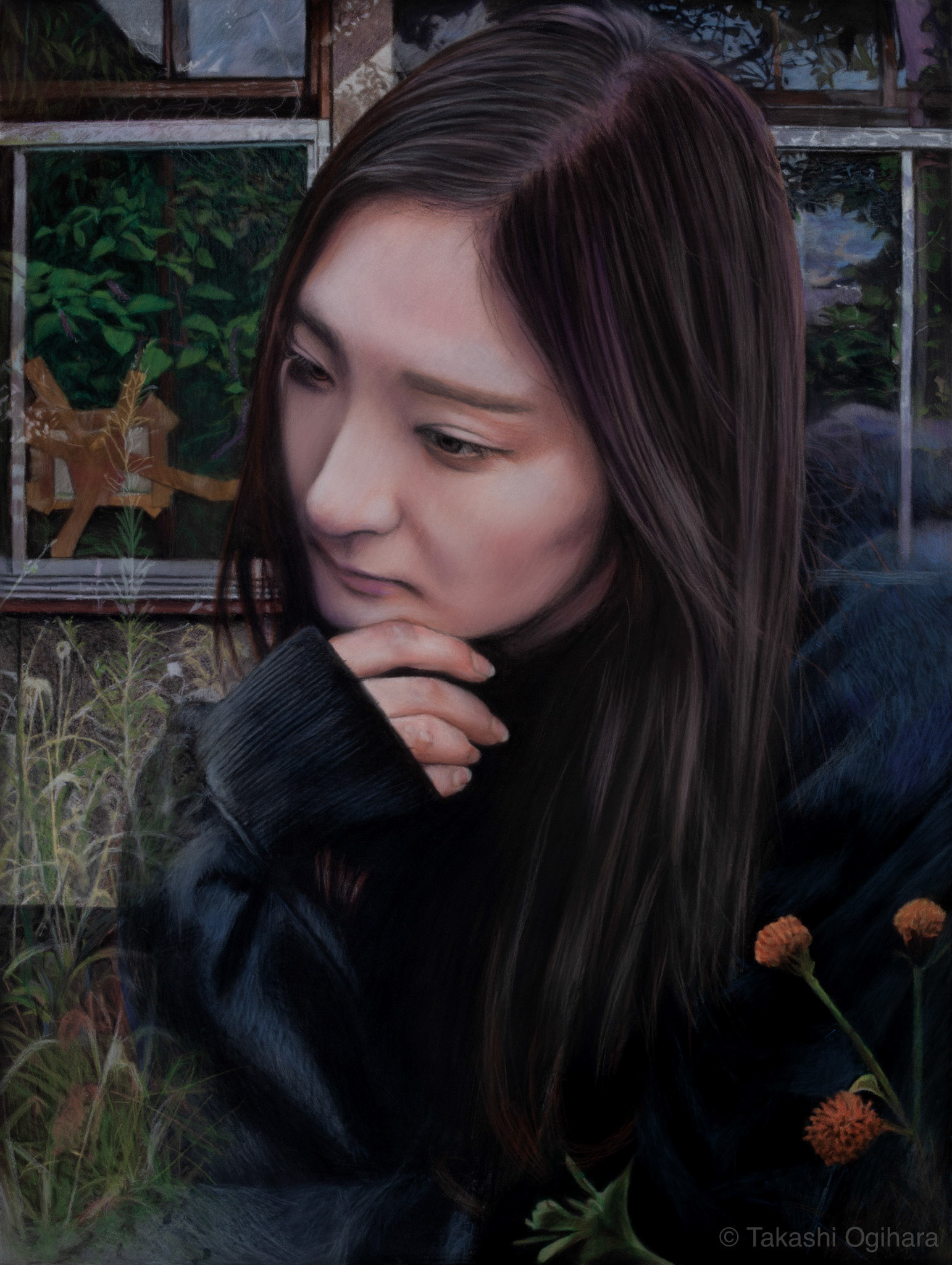 Today 14: 5 April 2024 Pastelmat 650mm✕488mm / A painting that assumes my daughter is sitting by my late father's clinic.