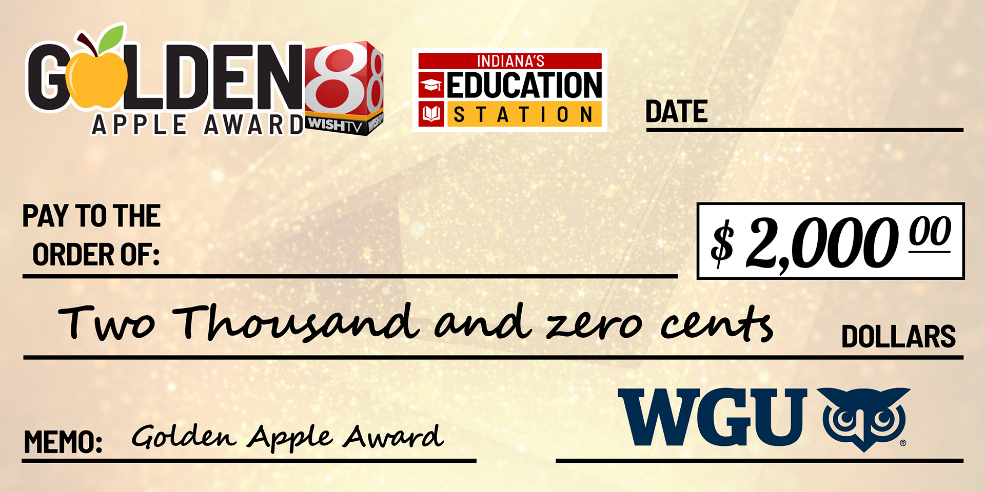 A giant check for WISH-TV's Golden Apple Award