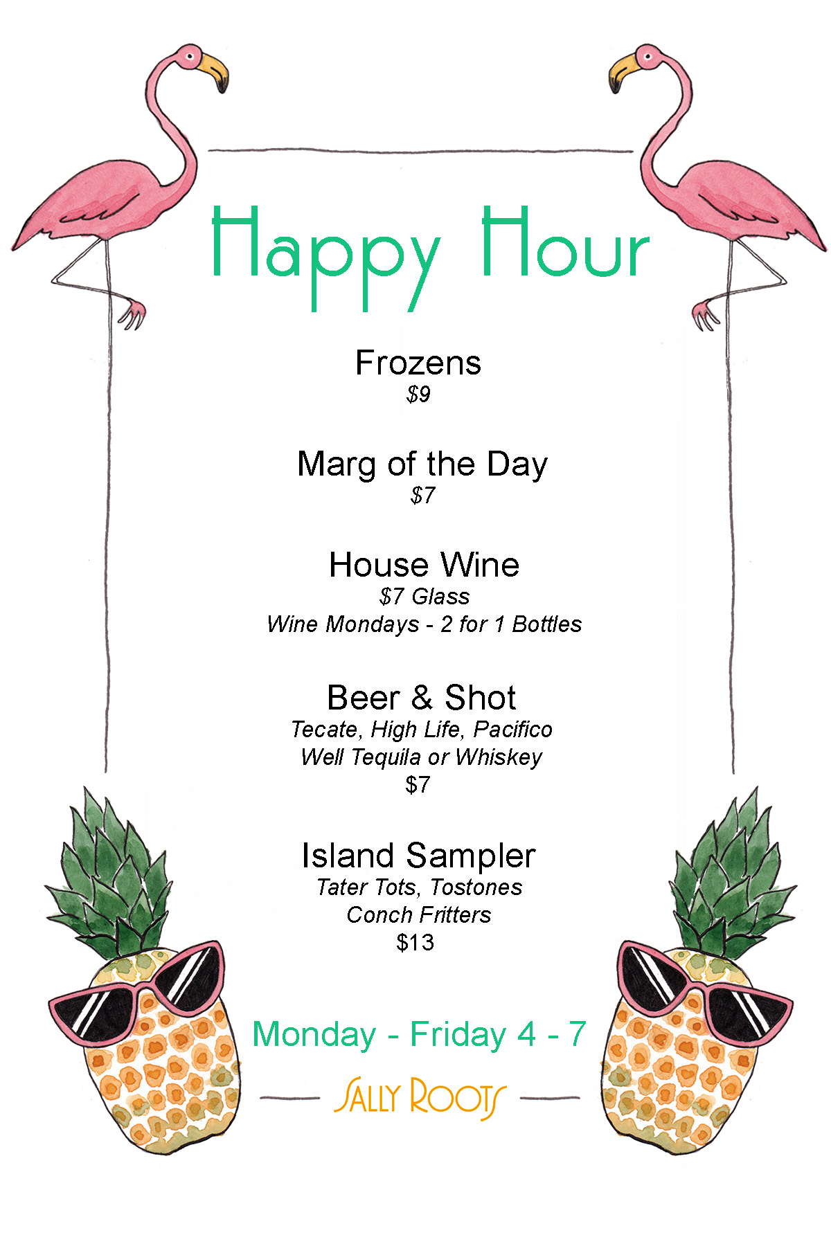 Sally Roots Happy Hour Menu 2021