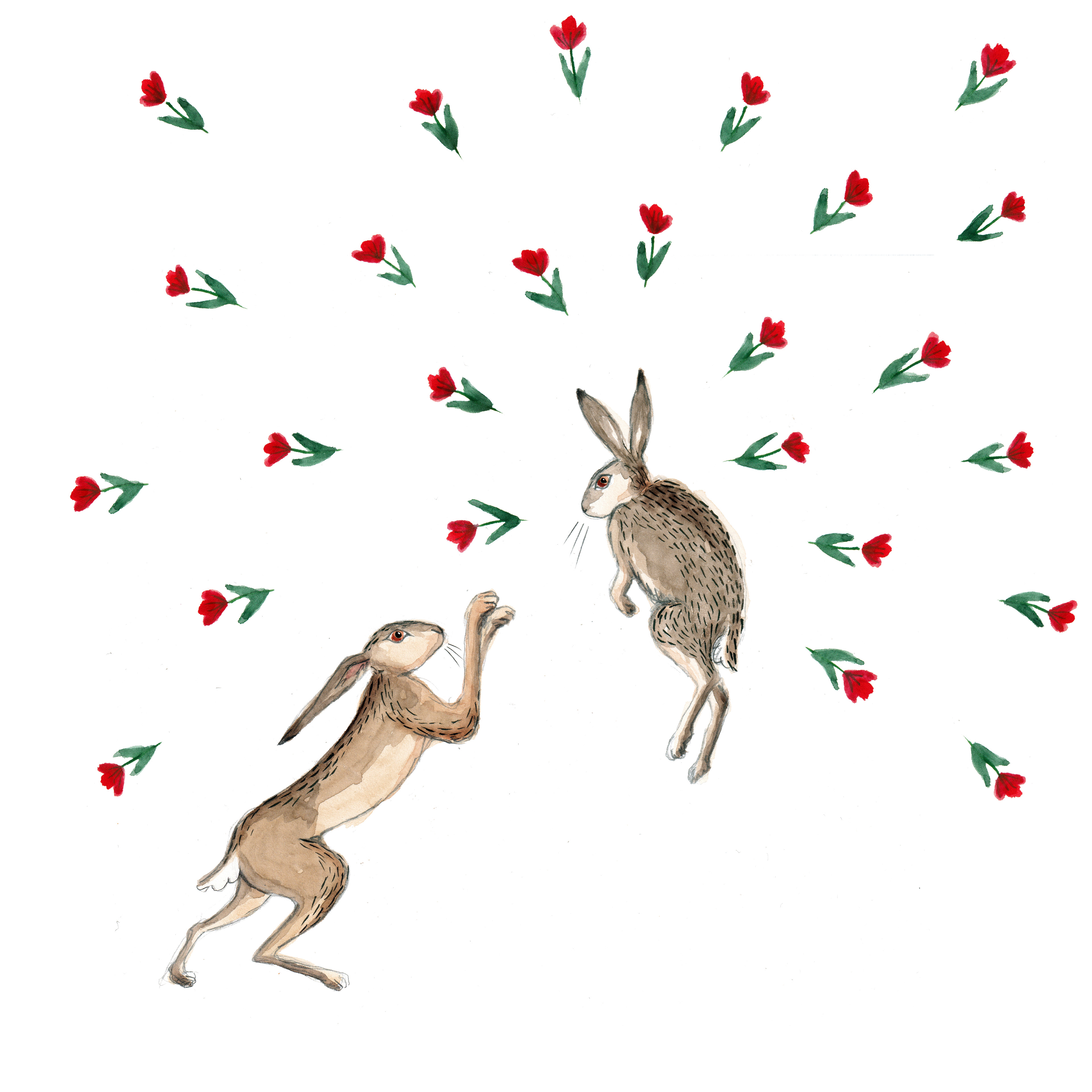 Fighting hares, 2021. Pencil, ink, watercolor on paper. 