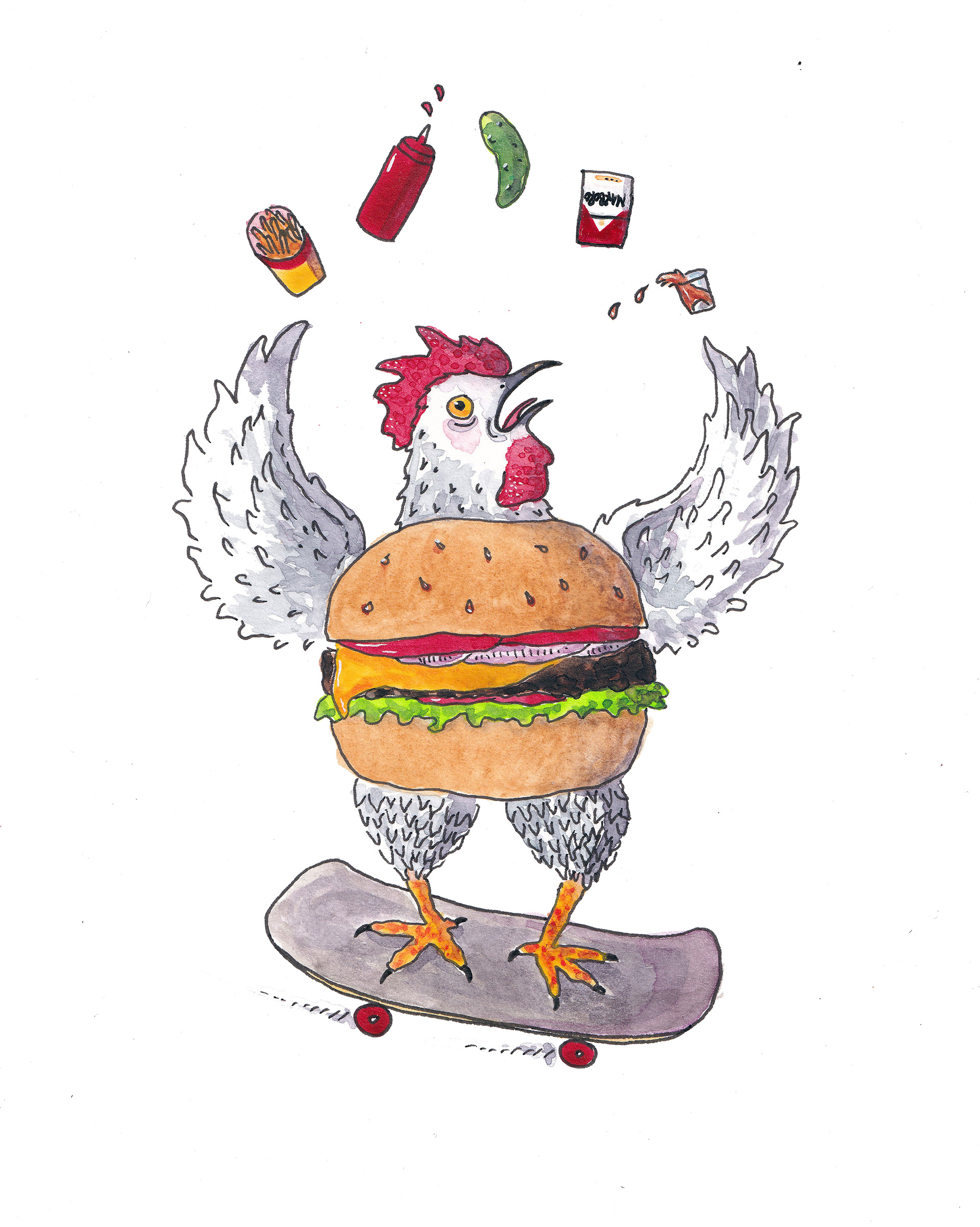 Burger Chicken, 2023, pencil, ink, watercolor, on paper. 