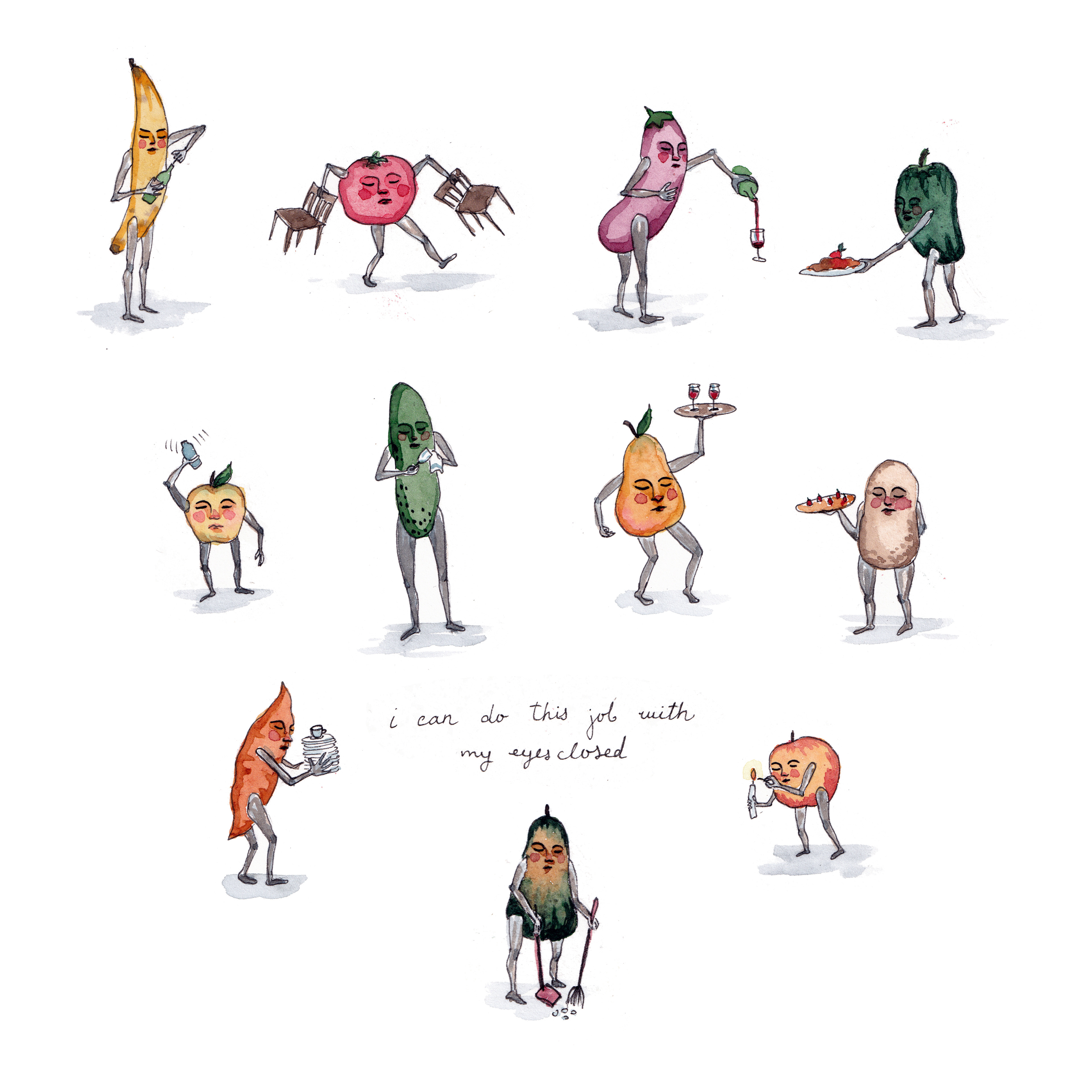 I can do this job with my eyes closed, 2021. Pencil, ink, watercolor on paper. 