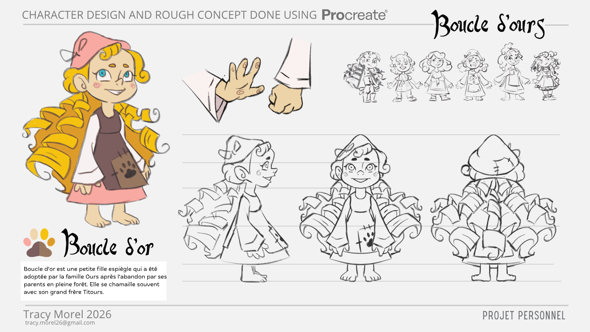 Projet fictif| Planche de Character design et turn around de Boucle d'or pour l'adaptation du conte "Boucle d'or er les trois ours" en projet de série d'animation de type Sitcom. 