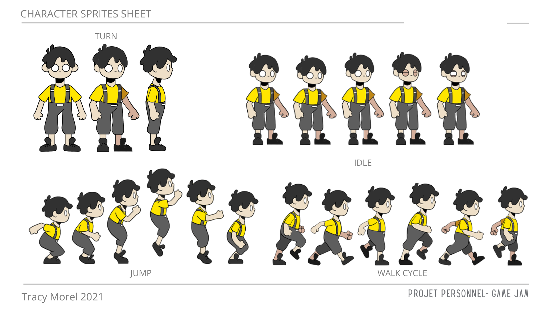 Poses clé d'animation pour les mouvements de base du personnage "Child" pour un projet de jeu vidéo nommé "Father don't let me alone" et réalisé en une semaine lors d'un concours game Jam