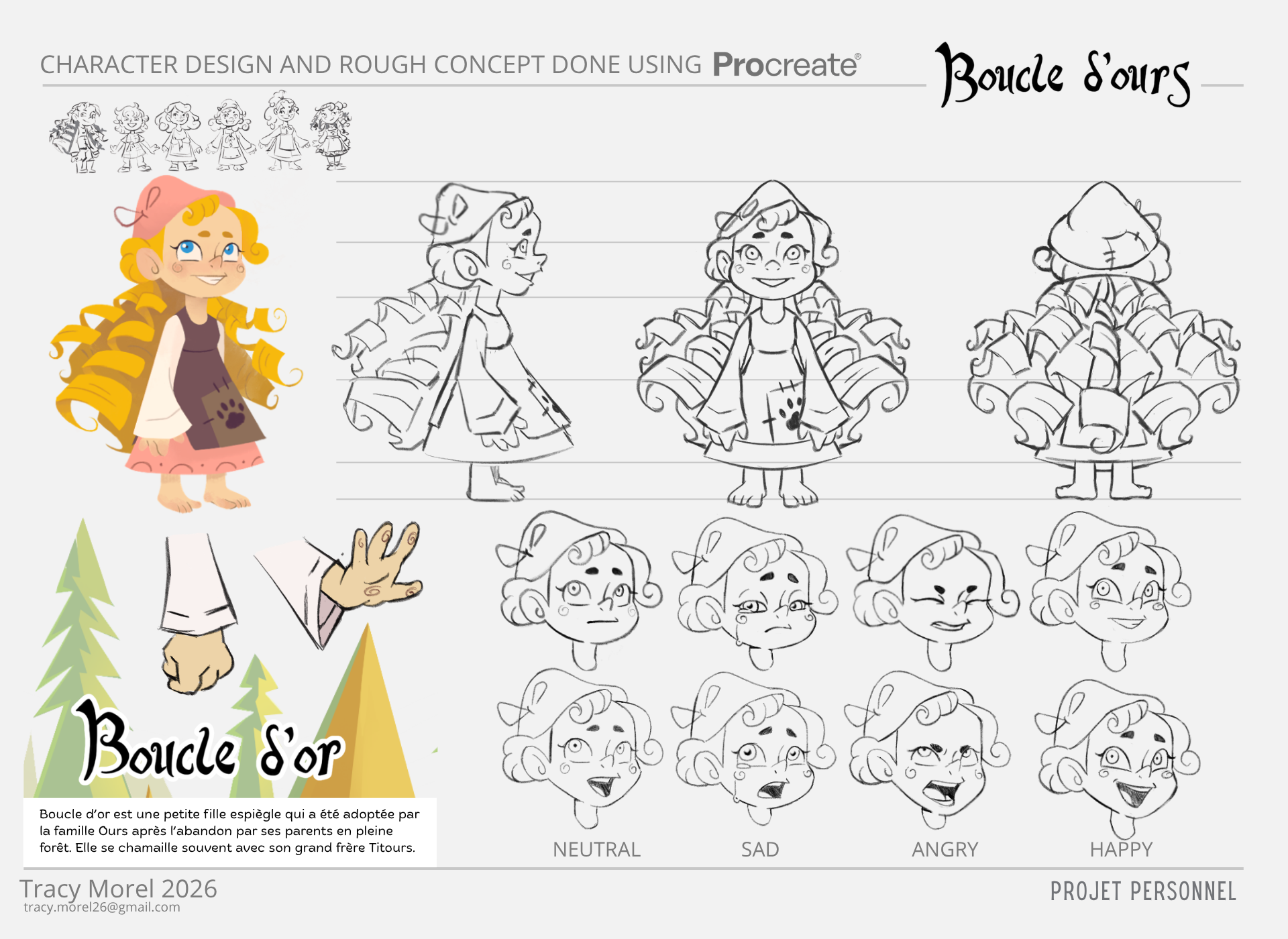 Projet fictif| Planche de Character design, turn around et planche d'expressions de Boucle d'or pour l'adaptation du conte "Boucle d'or er les trois ours" un projet de série d'animation de type Sitcom. 