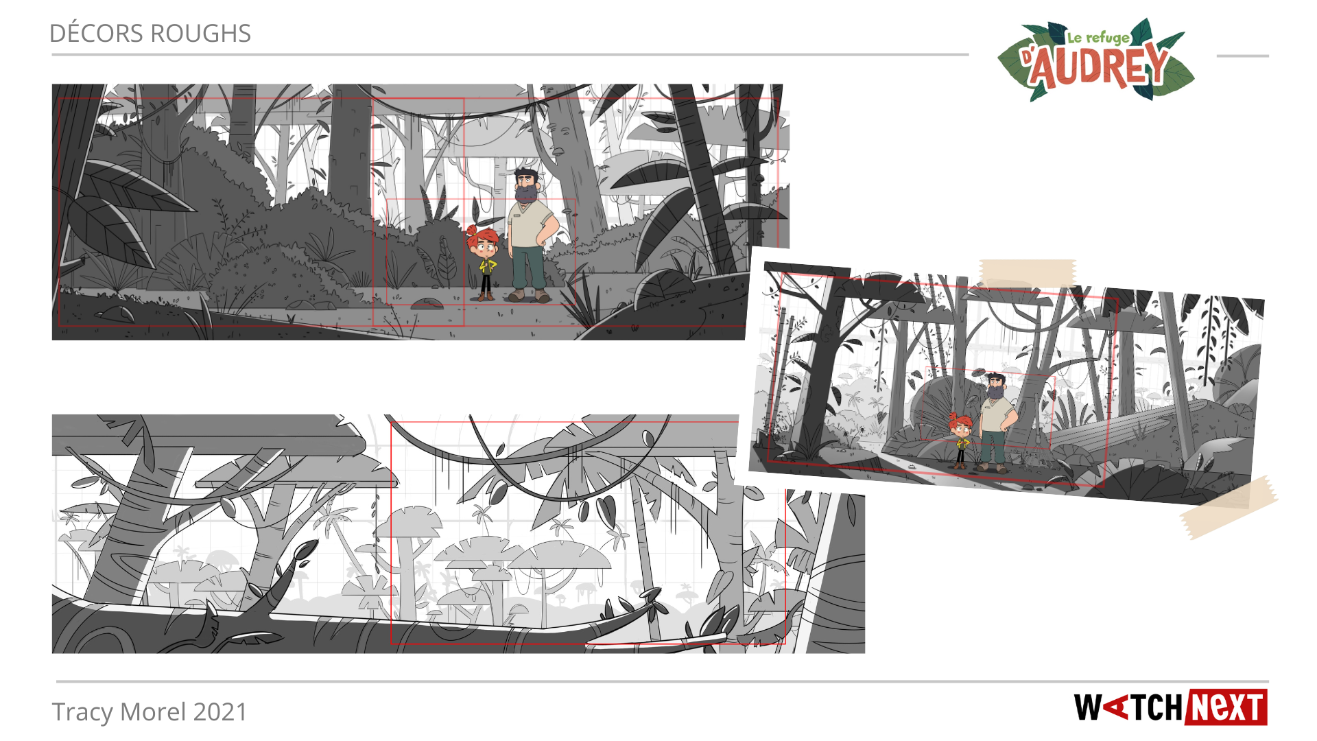 Décors rough en valeurs de gris réalisés lors de mon stage sur le développement du projet "Le refuge d'Audrey"