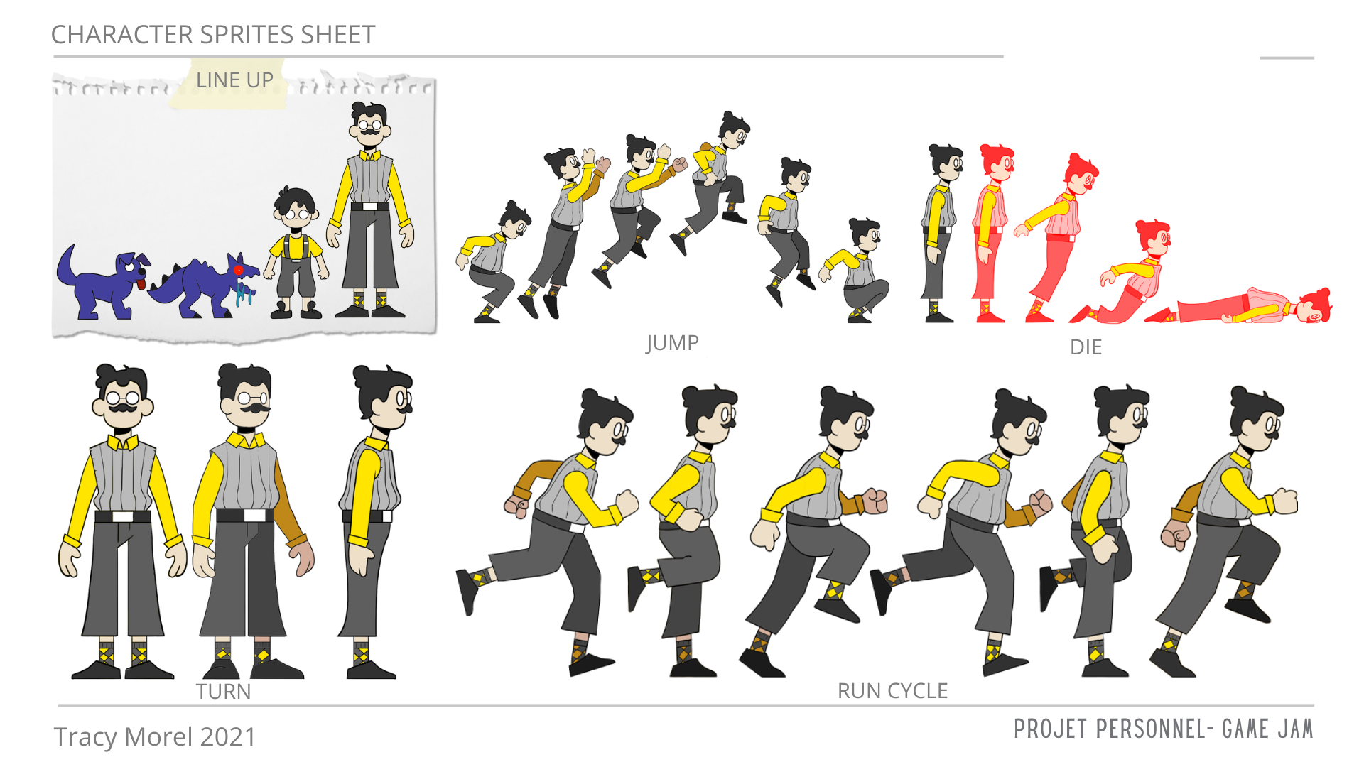 Poses clé d'animation pour les mouvements de base du personnage "Father" pour un projet de jeu vidéo nommé "Father don't let me alone" et réalisé en une semaine lors d'un concours game Jam