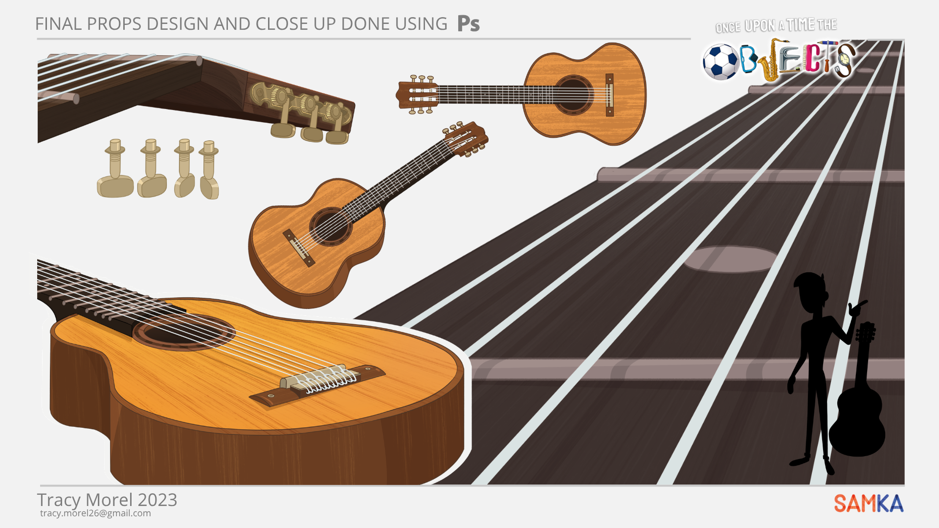 Guitare acoustiques et gros plan détaillé réalisés lors de ma mission sur la série "Il était une fois les objets" chez Samka. Les props sont entièrement vectorisés sur photoshop.