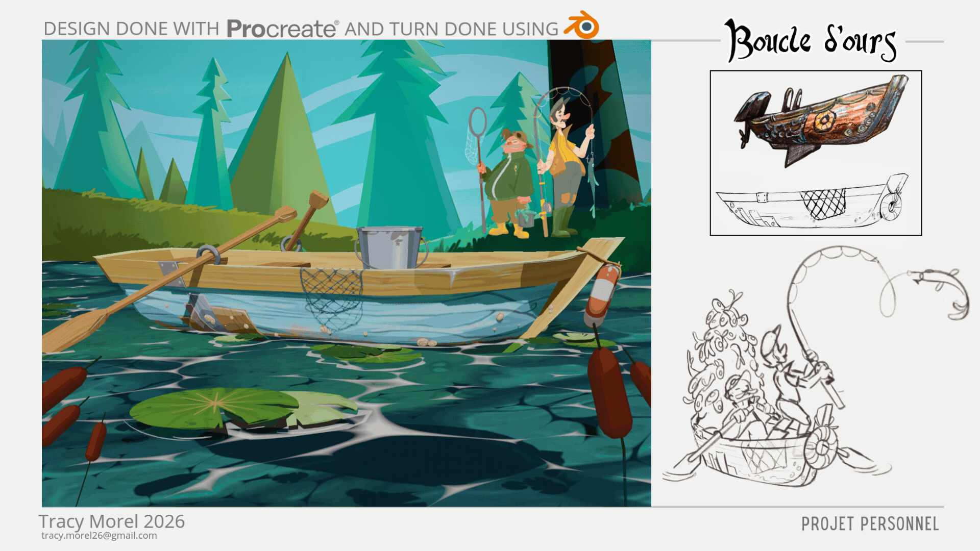 Projet fictif| Design et modélisation 3D sur blender d'une barque pour mon projet d'adaptation du conte Boucle d'or et les 3 ours en série d'animation de type Sitcom. 