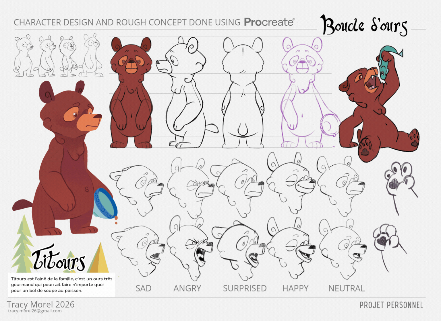 Projet fictif| Planche de Character design, turn around et planche d'expressions de Titours pour l'adaptation du conte "Boucle d'or er les trois ours" un projet de série d'animation de type Sitcom. 