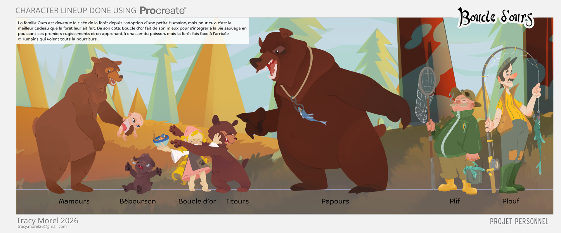 Projet fictif | Lineup dynamique des personnages pour l'adaptation du conte "Boucle d'or er les trois ours" un projet de série d'animation de type Sitcom. 