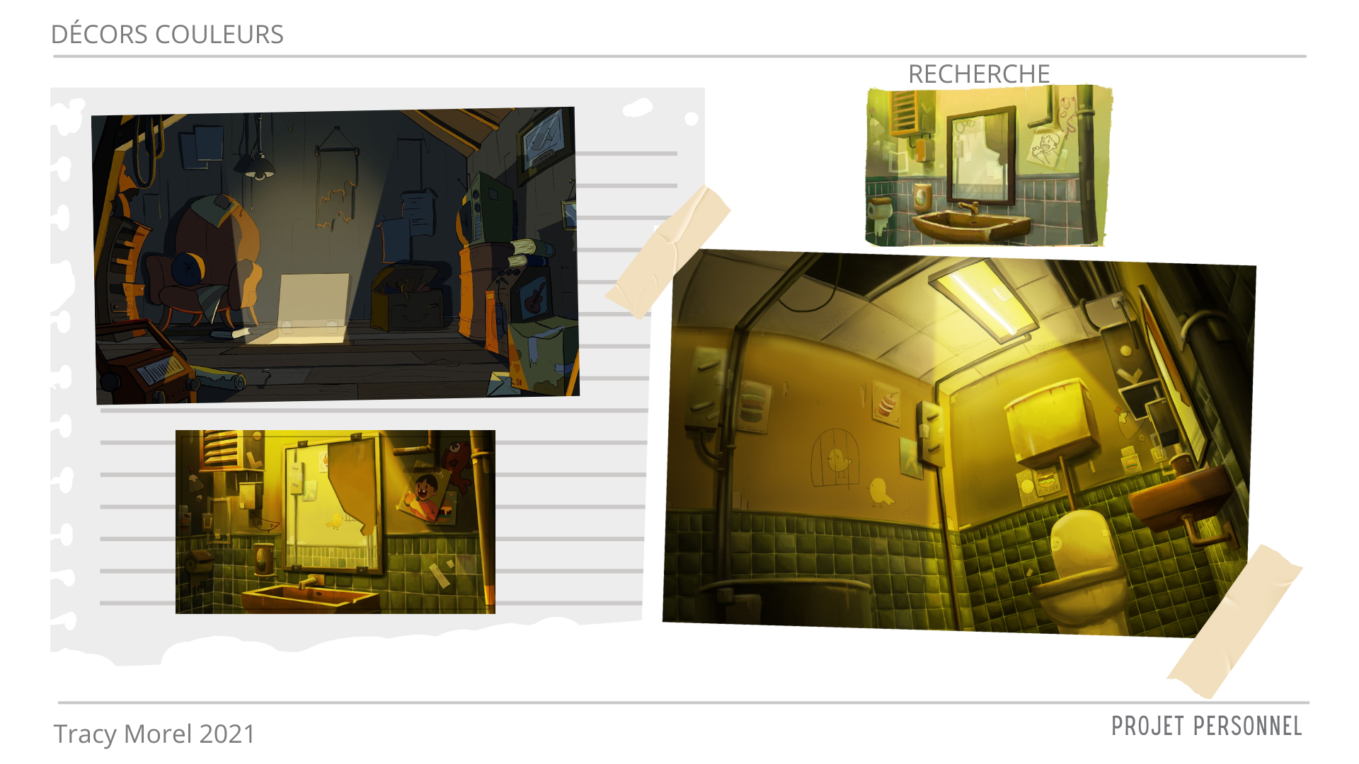[en haut à gauche] Décor couleur pour un court métrage nommé "Shaddoll" réalisée seule de A à Z lors de mes études à l'ECV Paris. [le reste] Décors couleurs réalisés pour le projet "L'espoir d'une source", film de fin d'étude .