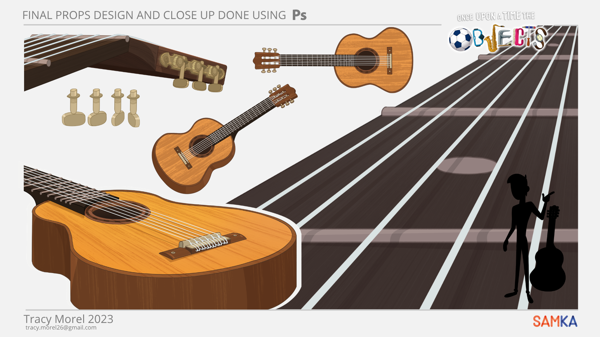 Guitare acoustiques et gros plan détaillé réalisés lors de ma mission sur la série "Il était une fois les objets" chez Samka. Les props son entièrement vectorisés sur photoshop.