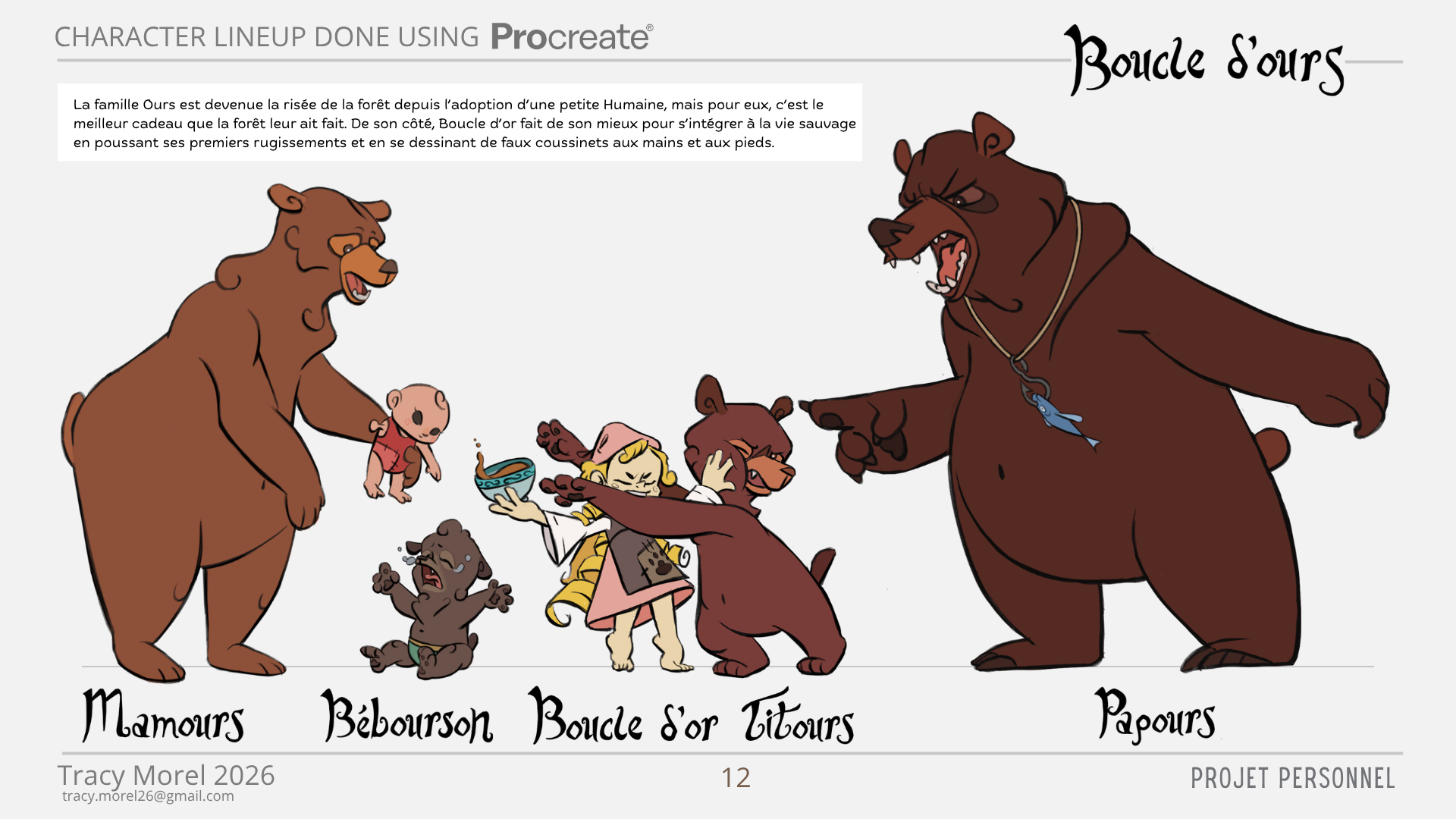 Projet fictif | Lineup dynamique des personnages pour l'adaptation du conte "Boucle d'or er les trois ours" en projet de série d'animation de type Sitcom. 