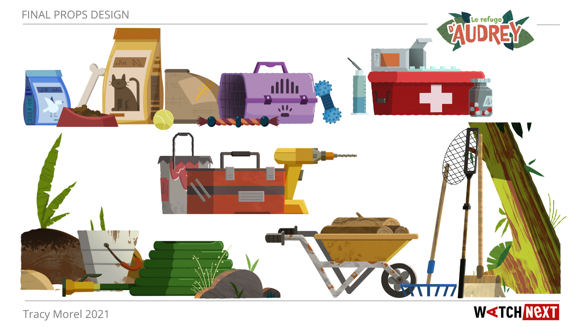 Props réalisés lors de mon stage sur "Le refuge  d'Audrey" pour une banque d'objets vectorisés, utilisés dans les décors de la série. 