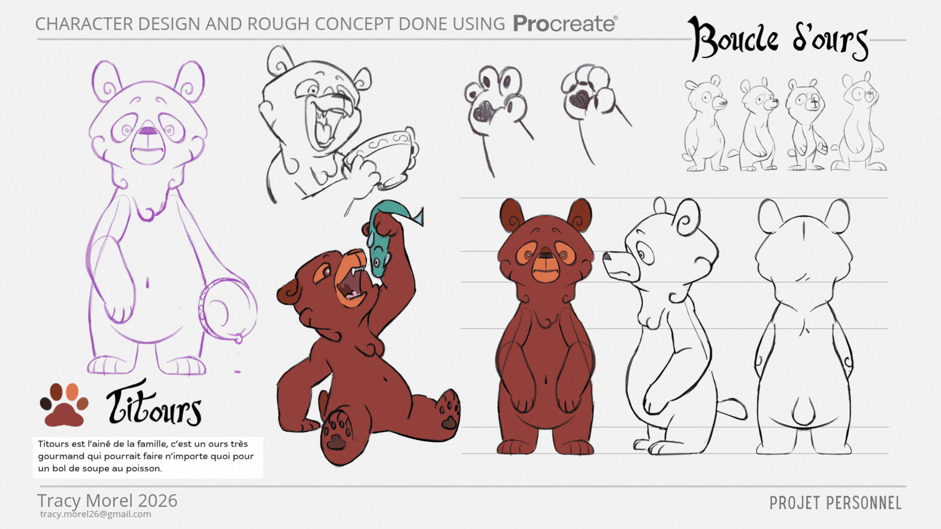 Projet fictif| Planche de Character design et turn around de Titours pour l'adaptation du conte "Boucle d'or er les trois ours" en projet de série d'animation de type Sitcom. 
