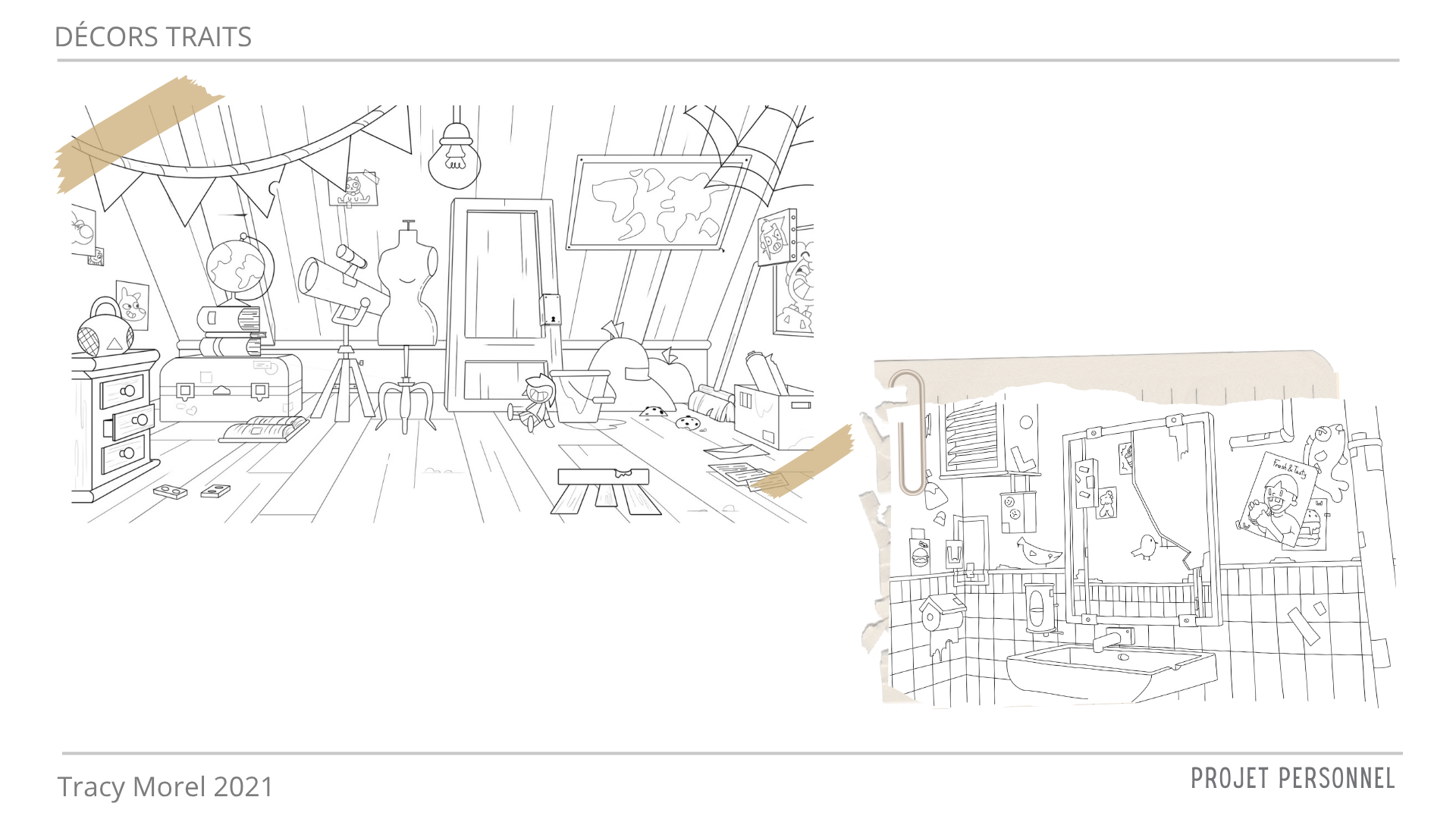 [en haut à gauche] Décor trait dans le style de la série "Boy Girl etc" du studio Watch Next [en bas à droite] Décor trait réalisé pour le film de 3e année à ECV Paris, projet de groupe nommé "L'espoir d'une source"