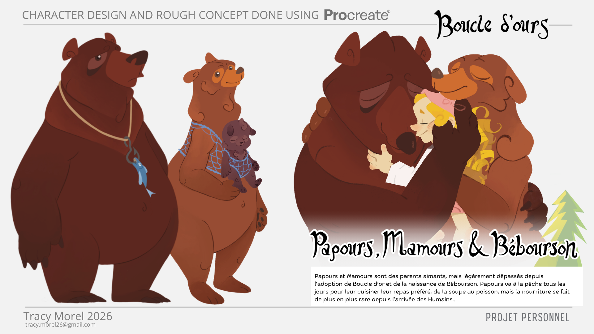 Projet fictif| Planche de Character design et posings des parents et du petit frère de Boucle d'Or pour l'adaptation du conte "Boucle d'or et les trois ours" un projet de série d'animation de type Sitcom. 