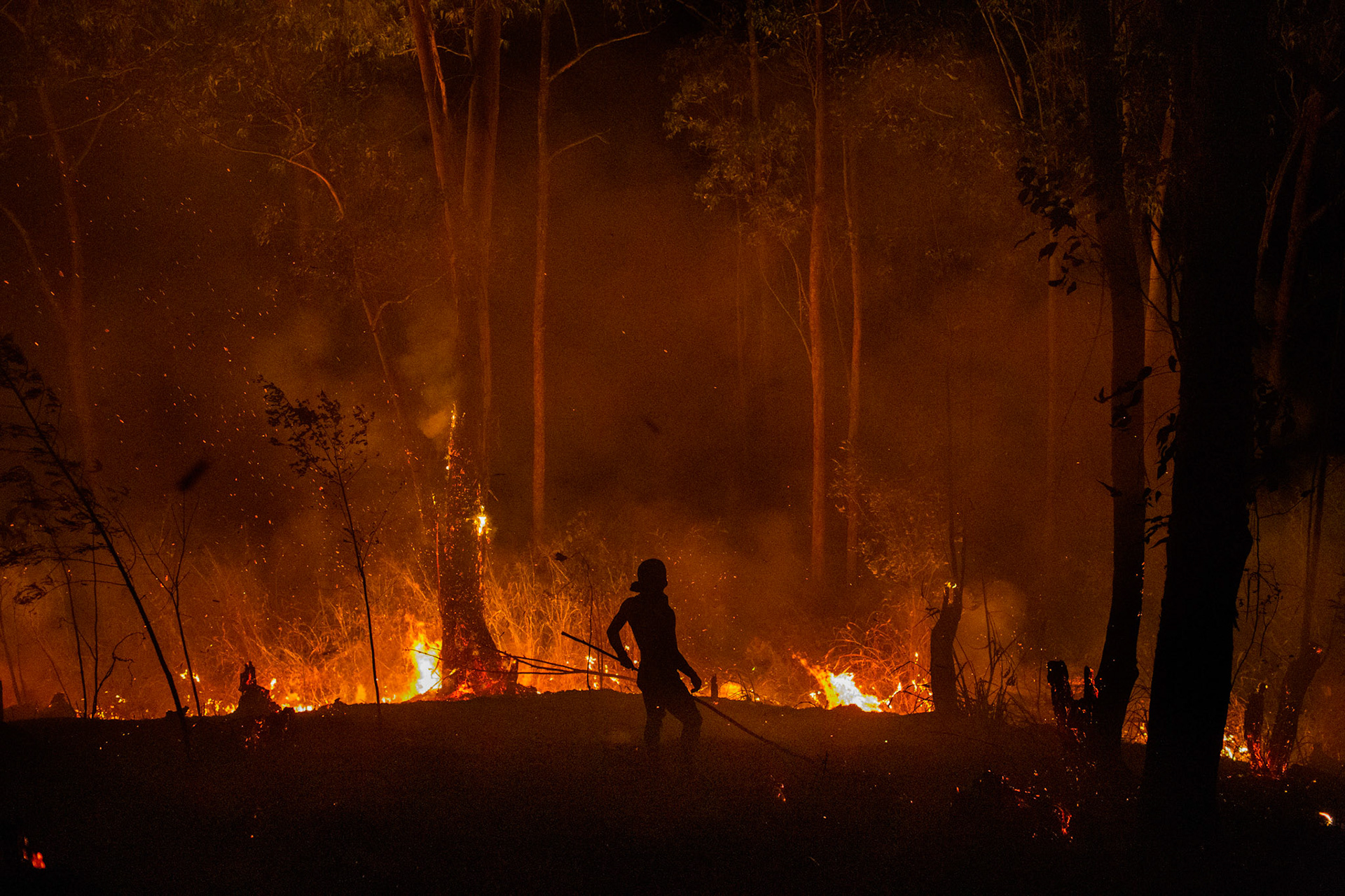 Indigenous firefighters combatting fires in Guarani territory, June 2020. In the face of the devastating mega fires that have ravaged Brazil, the Guarani people took up the fight to protect their land and ecosystem. Despite lacking proper equipment and training, they confronted the flames relying solely on their dedication.