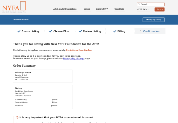 Confirmation page