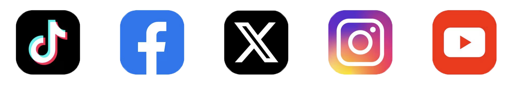 TikTok, Facebook, X, Instagram, Youtube