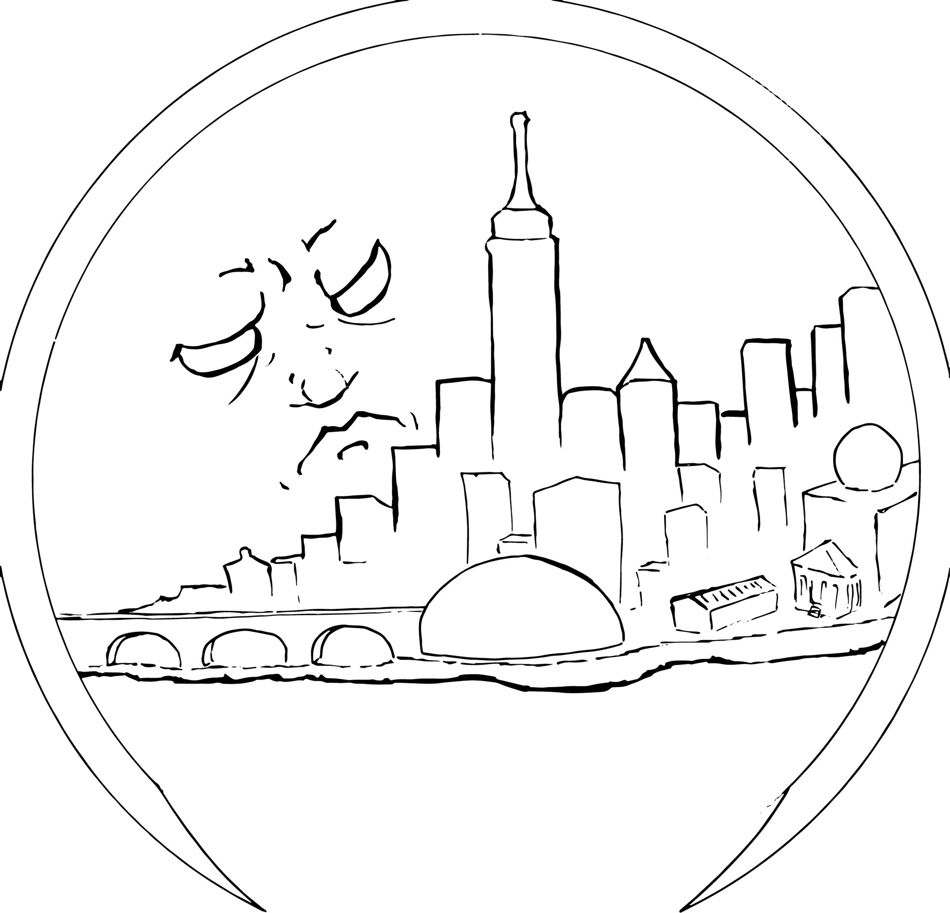 City scape of a city in a circular shape. A menacing shape in the sky is looking at the city.