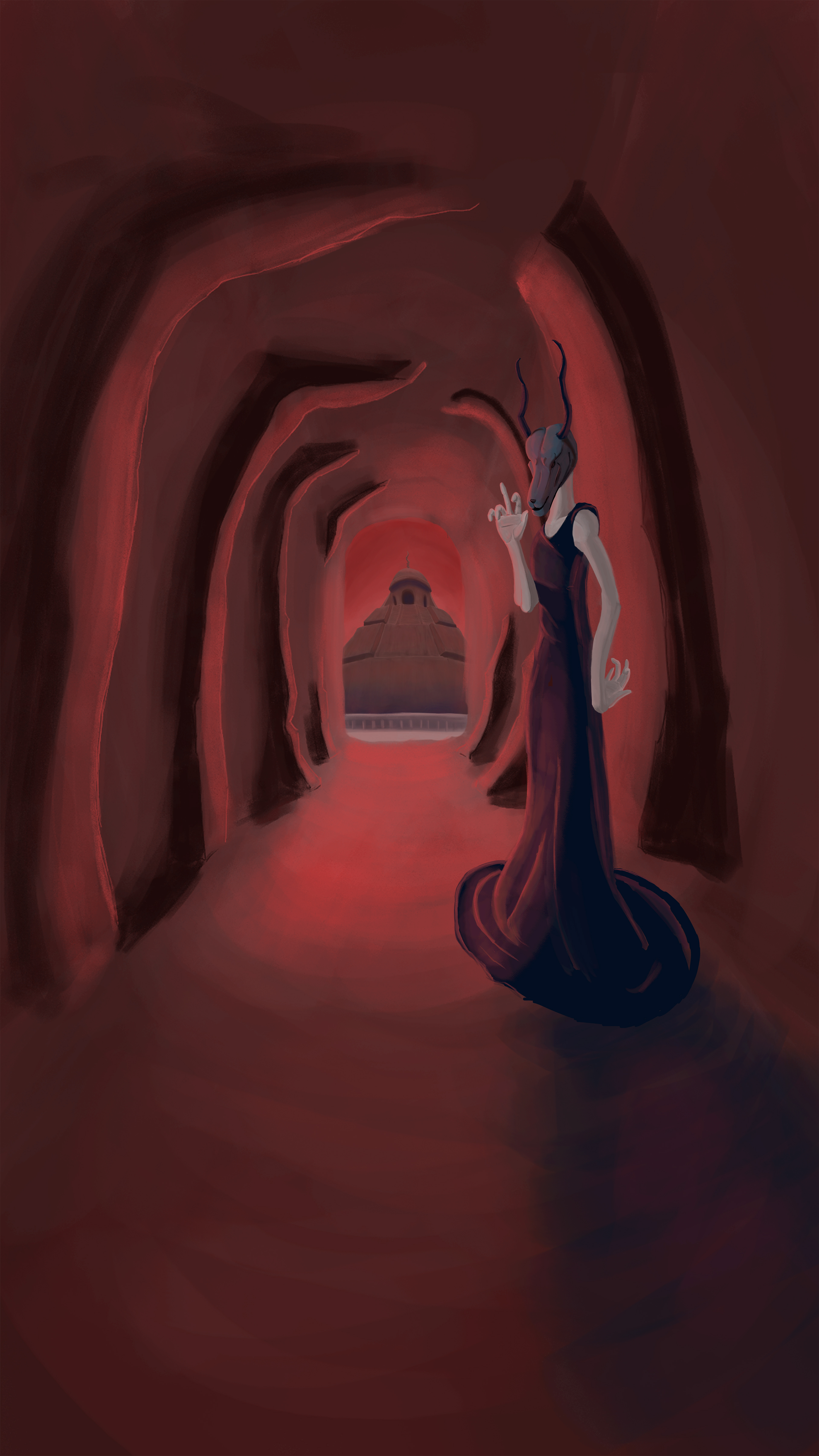 A corridor in a cave tainted by red light. A tall threatening figure wearing a black dress is looking at the viewer. Their head is horned and animal-like. In the background there is a stone temple looking like a ziggurat. 
