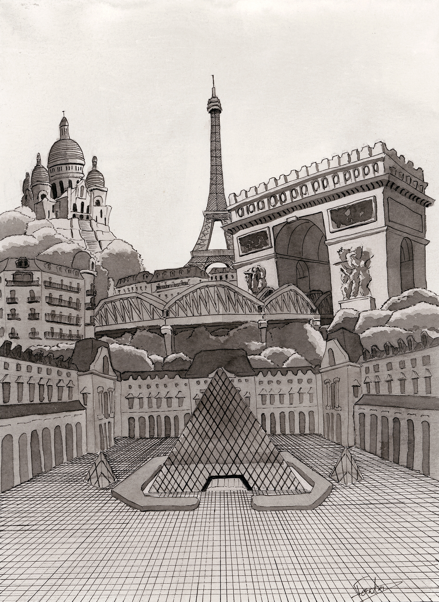 illustration presenting some of Paris's most famous monuments in a surreal and quirky way. The Eiffel Tower, Sacre-coeur, arc de Triomphe and Louvres's Pyramids are presented all mixed up not at their actual size in reference to each other.  The famous Parisian metro and buildings can also be found in the middle of those monuments