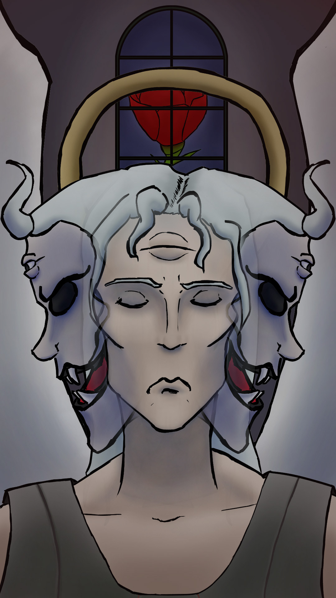 A sleeping angel with silver hair and a third eye on his forehead. On both his sides there are two demonic faces of the angel in profile: they have black eyes, their third eyes are opened and their mouths are showing fangs. In the background there is a stained glass with a drawing of a rose.