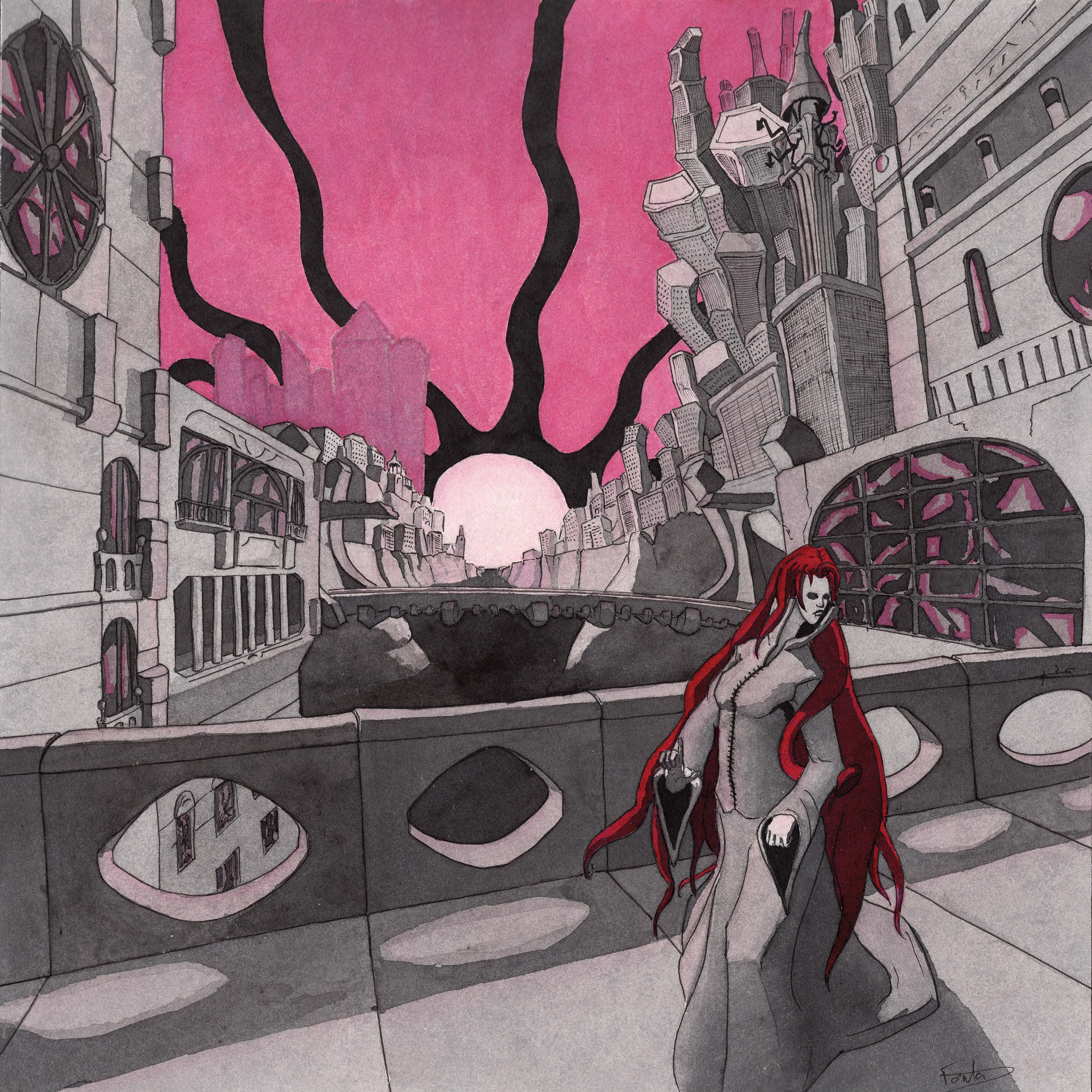 Artwork of a woman wearing a mask with red bright hair walking on a bridge in the middle of a dystopian city. The architecture is a mix of traditional and more modern buildings. At the back, some of the modern buildings are bending in a threatening way toward the main character whilst a black sun on the horizon gives the final touch of science fiction and surrealism feel.