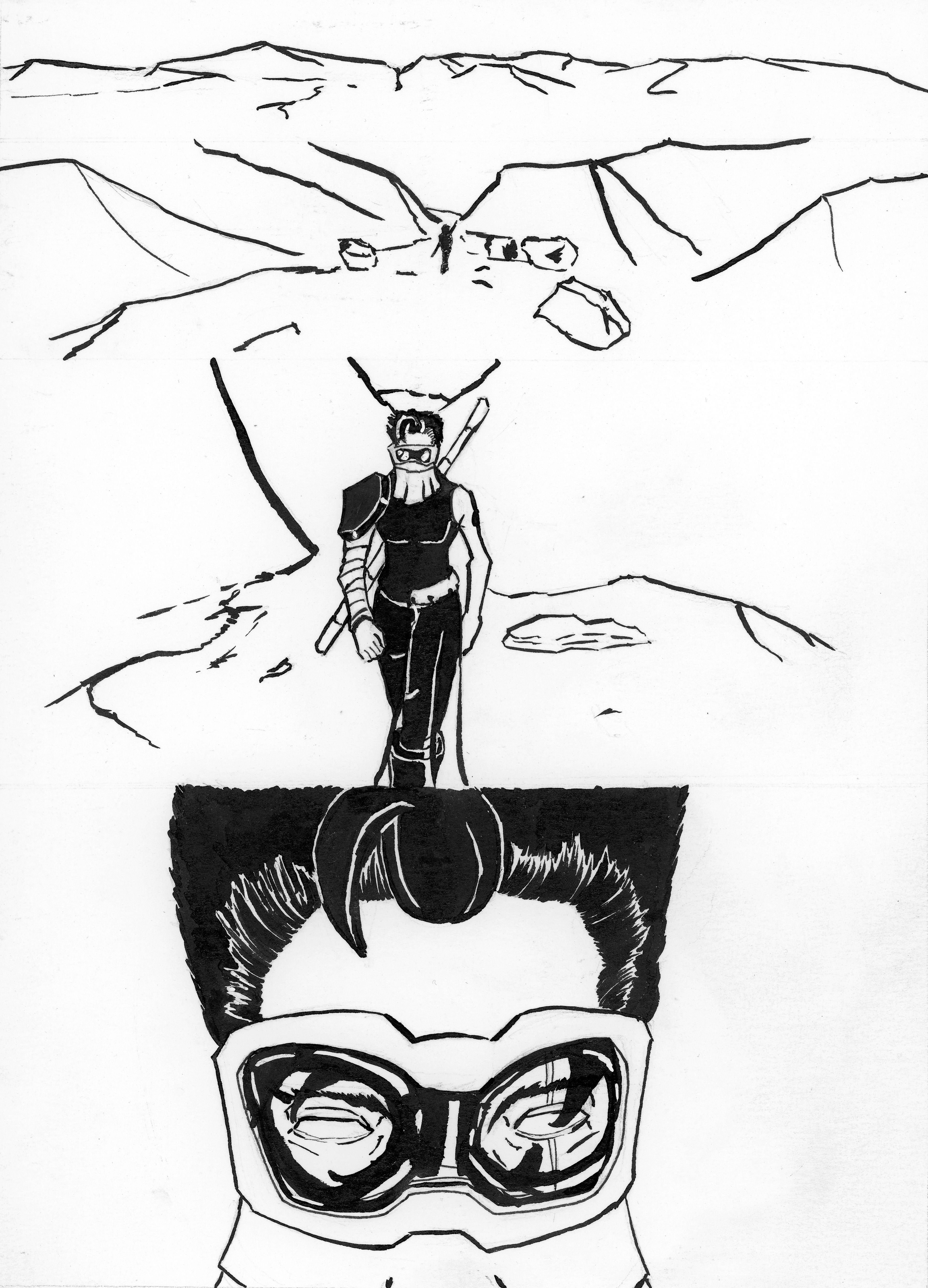 First page of a short graphic novel presenting a character walking in a desert. The colours are purely black and white with no shadings in between. The page is made of four panels mimicking a zoom in effect on the walking character: first panel is only the desert far away, second panel the character as a small distanced silhouette, third panel the character appearing from head to knees and finally fourth panel close up on the character face and eyes. He is dressed in black wearing protective glasses attached to a veil covering his mouth, a shoulder pad and bandage on the right arm and garment attached on his left side from his hips down to his feet. He is carrying on his back a wand.