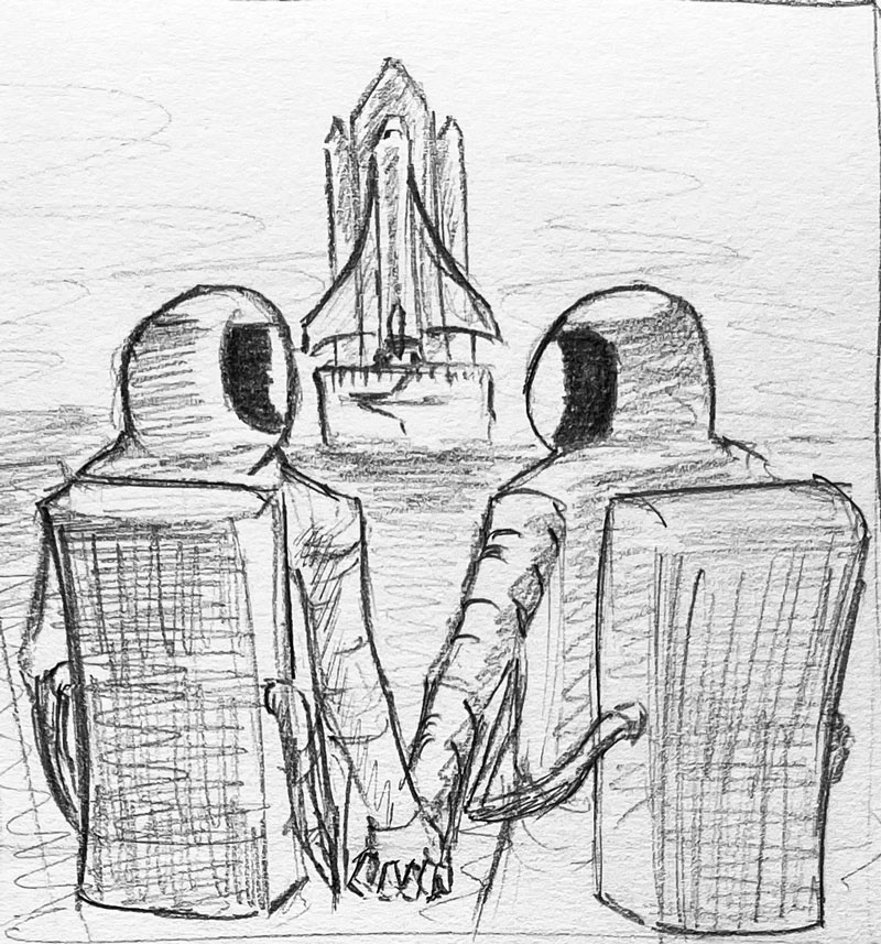 Pencil sketch of two astronauts holding their hands in front of a rocket in the background