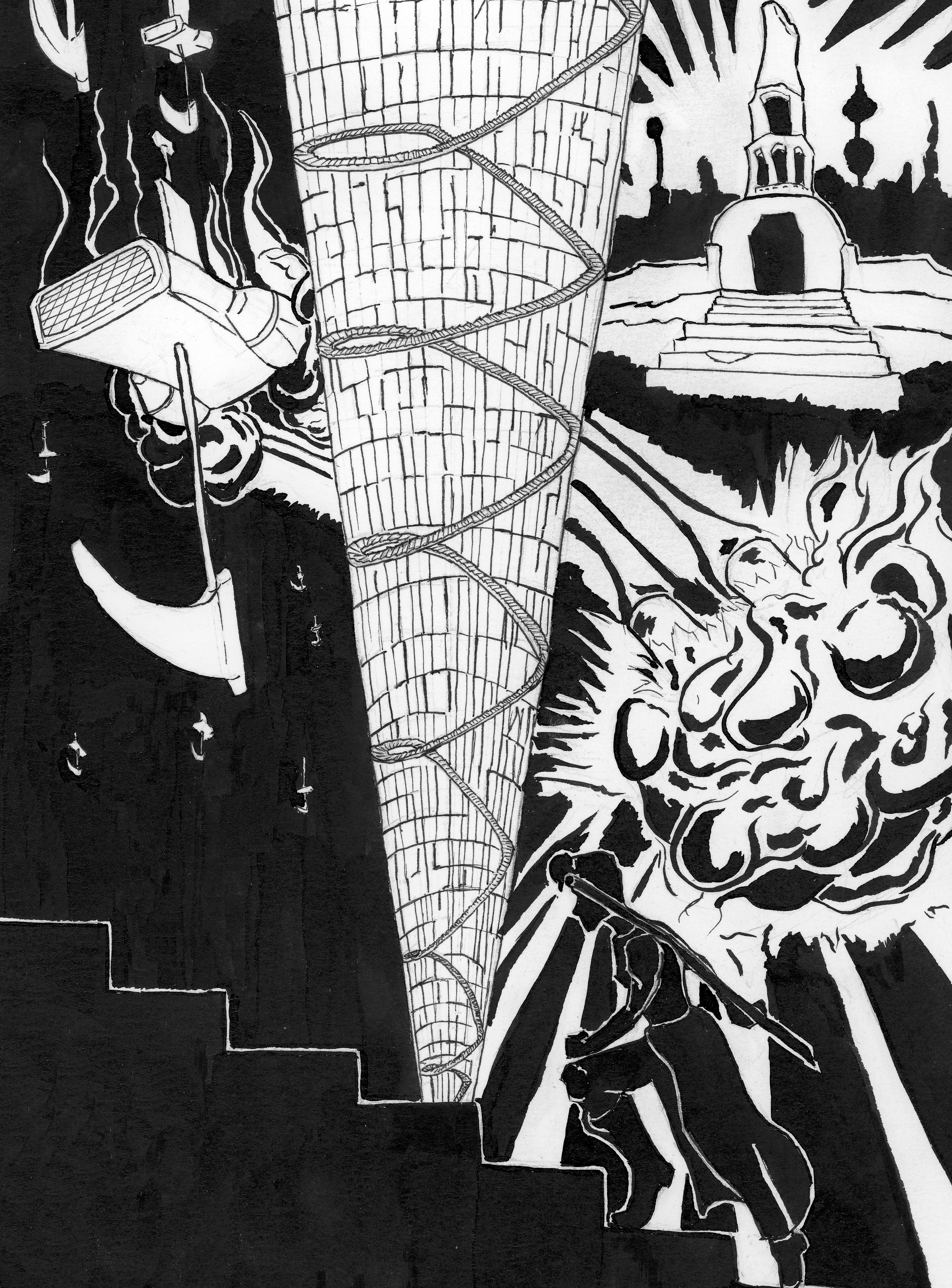 The page, made of purely black and white with no other shades, presents an intricate layout with the inside of a tower and an endless staircase standing in the middle of the page from top to bottom. On the left side there is a spaceship surrounded by flames and smoke firing a missile and lost in an army of others in the background. The spaceship is made of a cubic shape attached to two side engines with a scythe attached underneath. On the right side of the page there is an old city at the top and a cloud of smoke and flames below that is actually the result of missiles fired by the spaceship on the left side. In the foreground of the overall page in addition to its bottom there is the profile silhouette of the character from page one walking up some stairs.