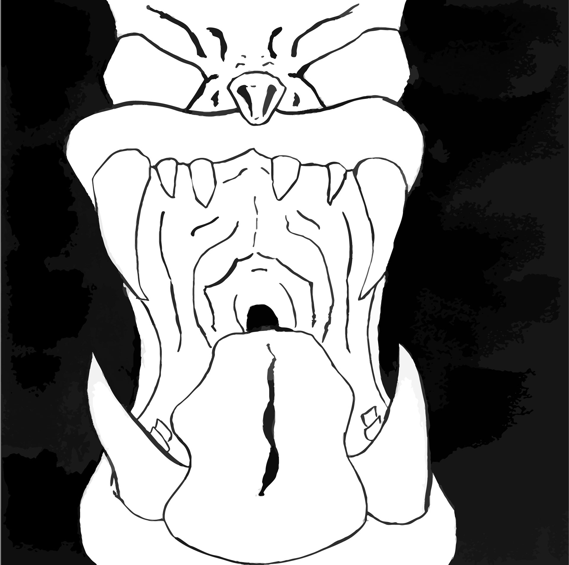 Black and white drawing of a creature opening wide its jaw. Its teeth look threatening and the back of its mouth like a black cave.