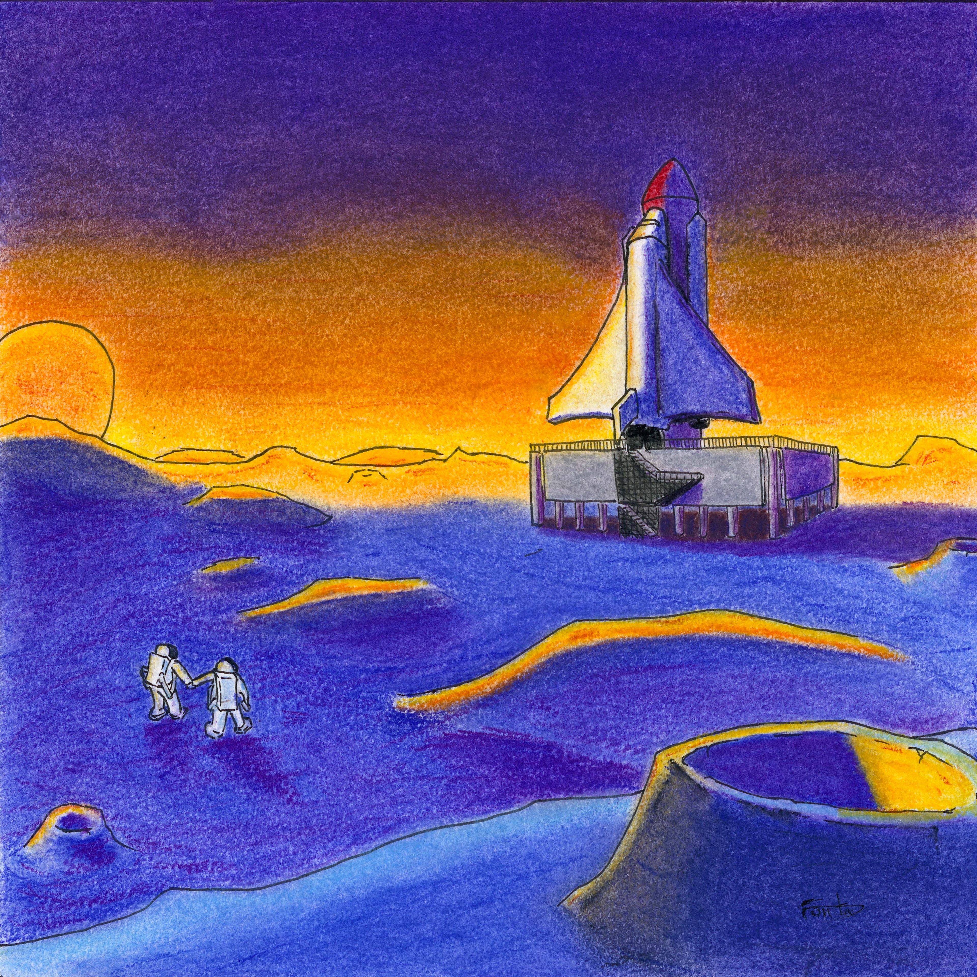 Two astronauts on a blue planet, holding their hands in front of a rocket about to take off. There is a yellow light illuminating the sky and part of the planet.