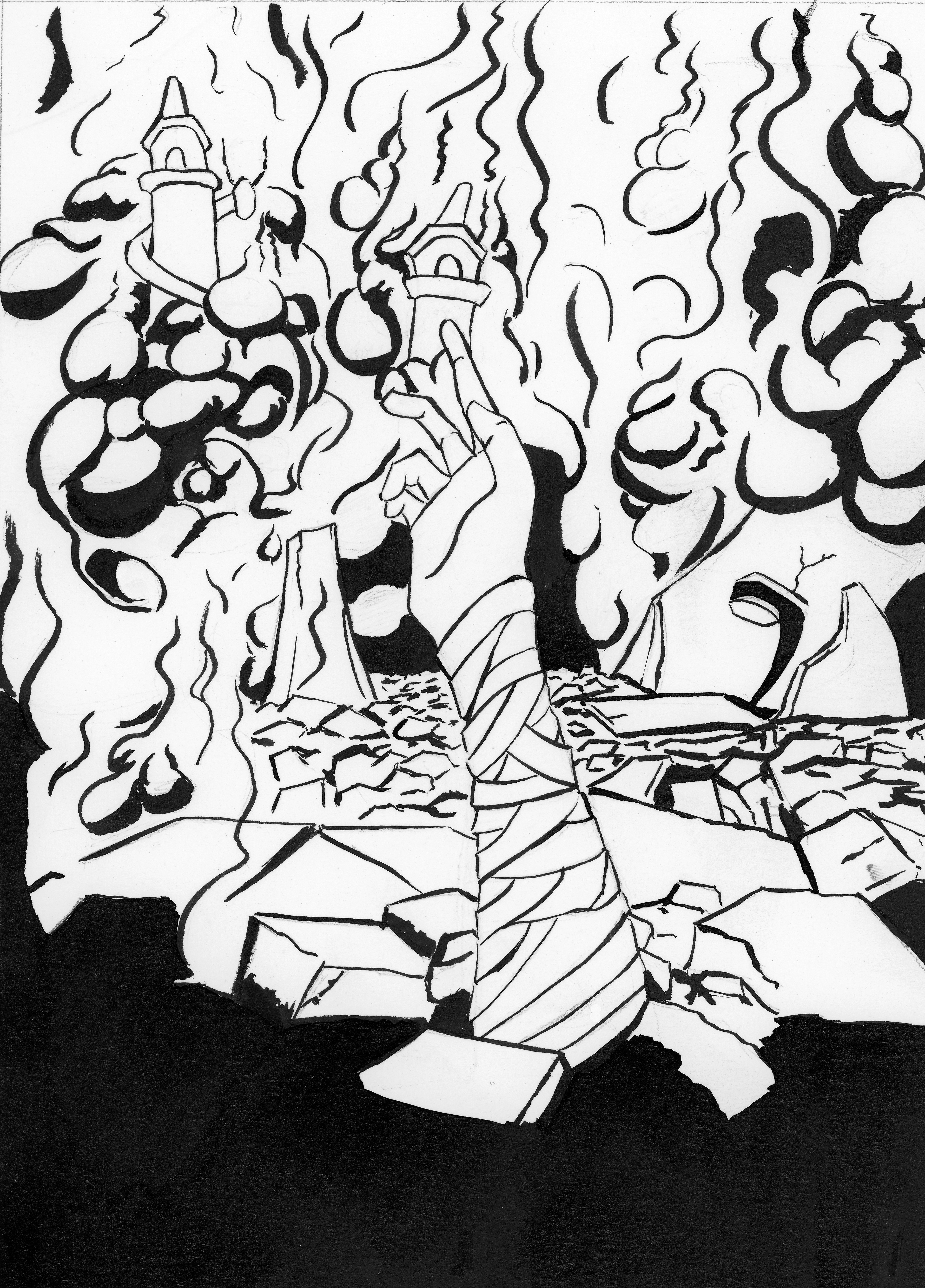 This solid black and white page presents a bandaged arm coming out of rubble. Behind we can see a cloud of smoke and the broken face of a statue coming out of the rubble. In the background there is a 3 panelled collapsing tower: the tower stands, the tower collapses, the tower is lost in the cloud of smoke.