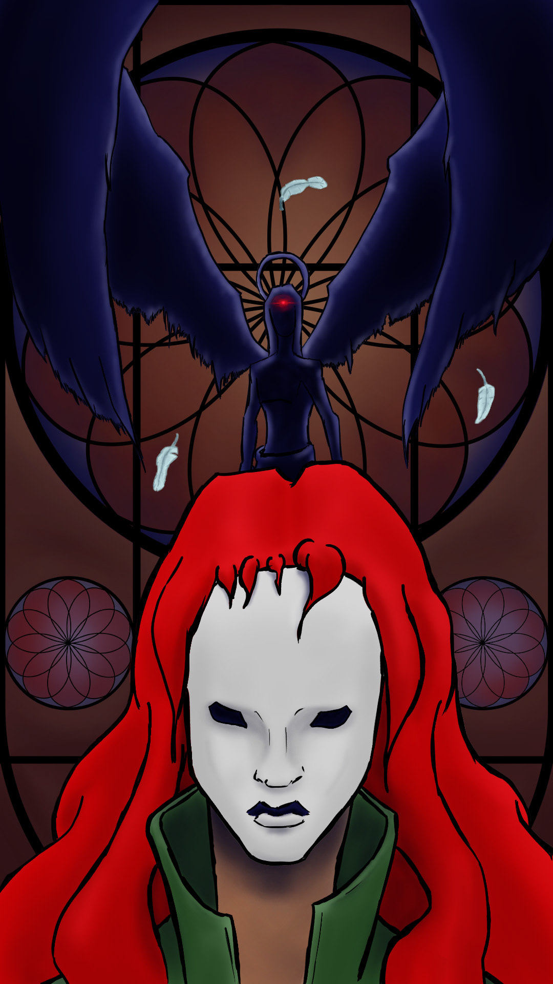 Face of a red haired woman wearing a white mask. Behind her there is the threatening silhouette of an angel with a red light coming from his forehead. In the background there is a blue and brown stained glass made of a circle and a rosace.