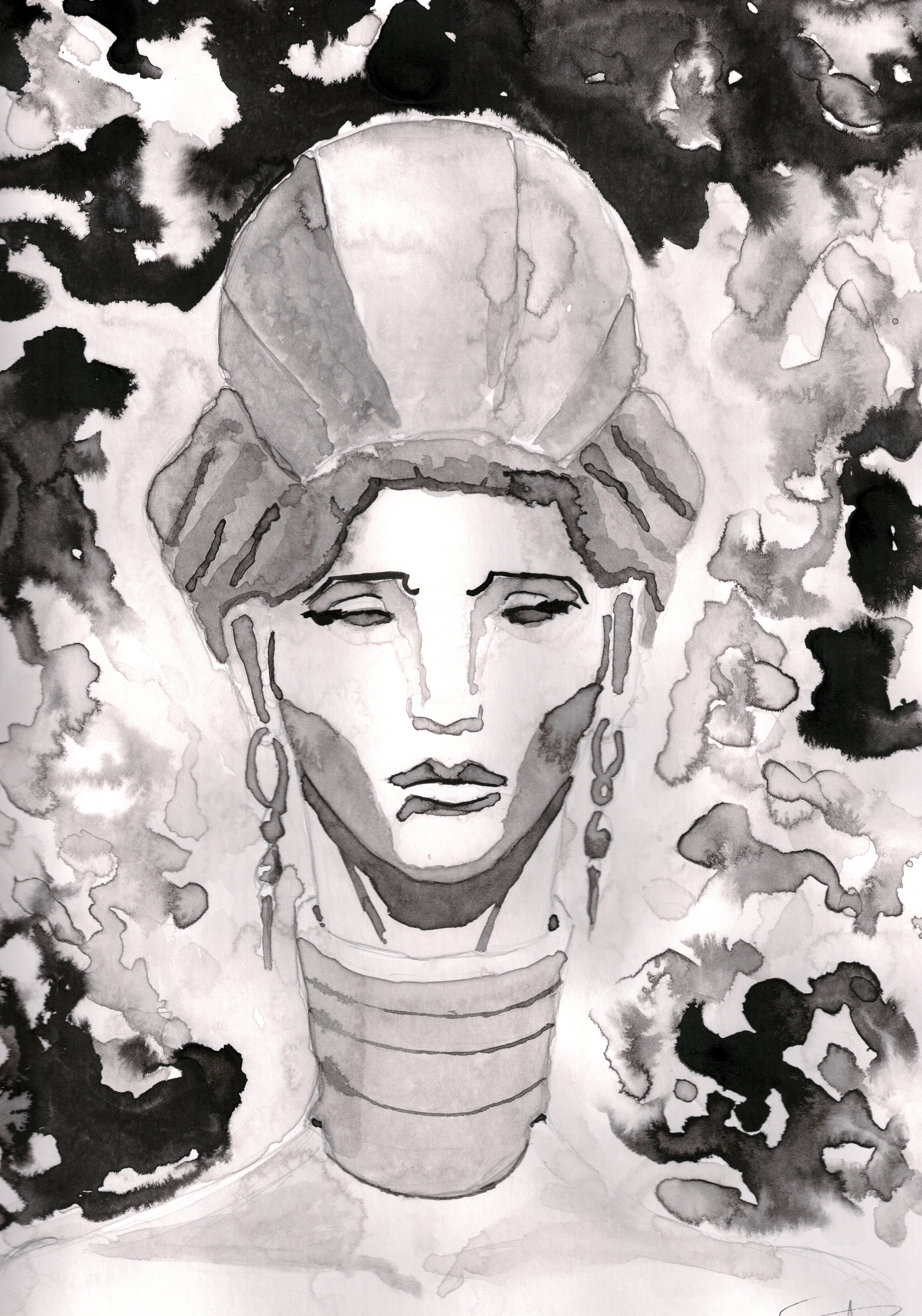 ink wash using black India ink of a woman face wearing a shell crown, tubular necklace and long earings. The ink has been used for the background in a way that creates abstract foamy shapes