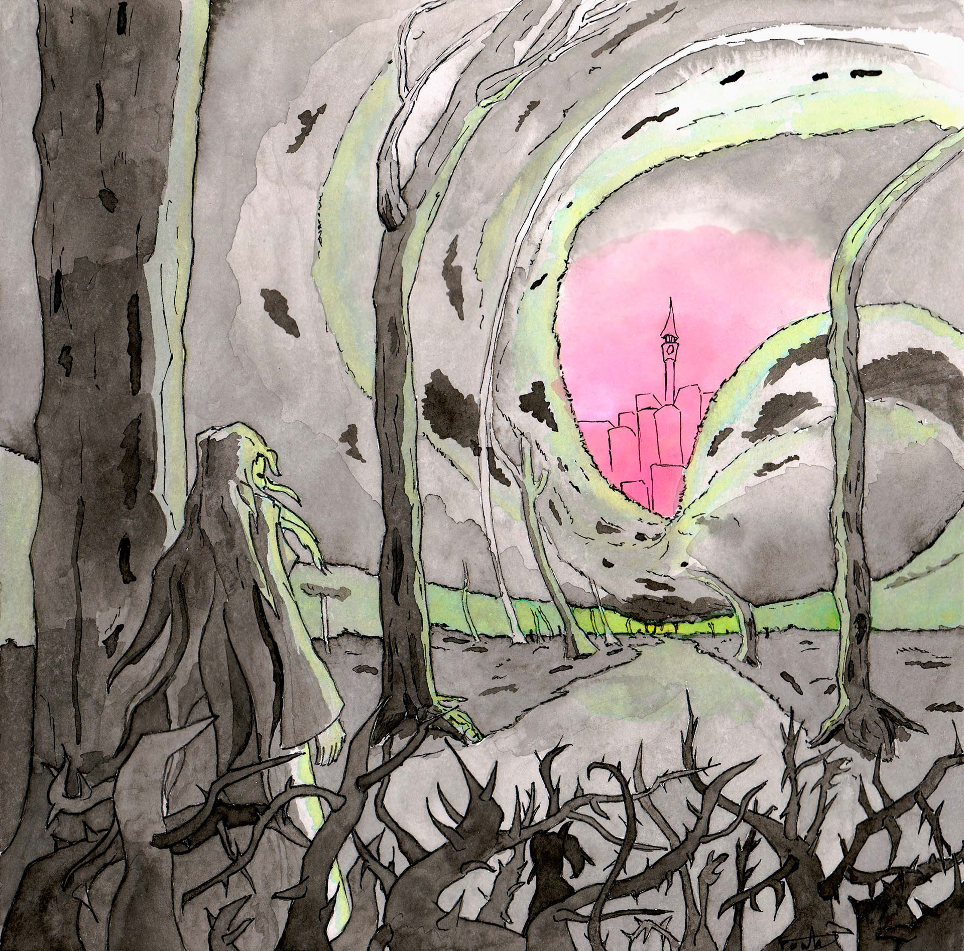 A woman with long hair in the woods. In the foreground there are black thorns blocking the way. The drawing is mainly black and white but there is a menacing green light coming from behind the trees. Behind the forest we see a dystopian city surrounded by pink light. The overall forrest has the effect of being sucked up in a spiral distorting the trees and their branches.