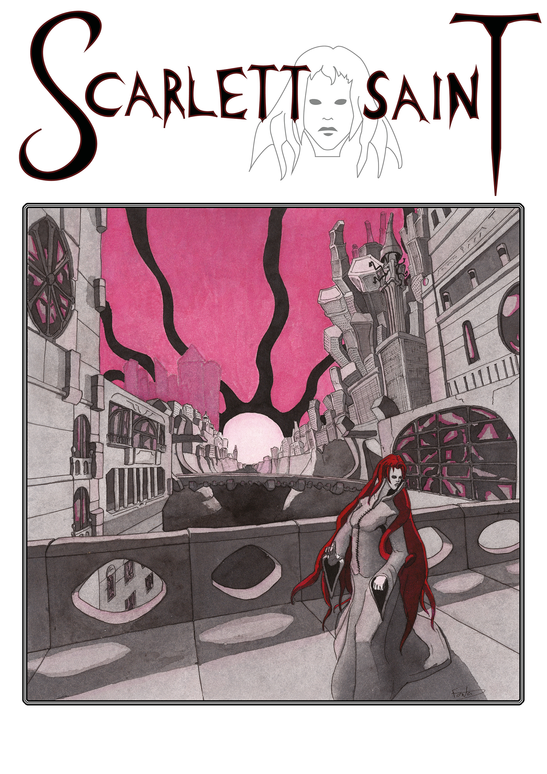 artwork of the illustration above used as a poster with the band Scarlett Saint's logo on top
