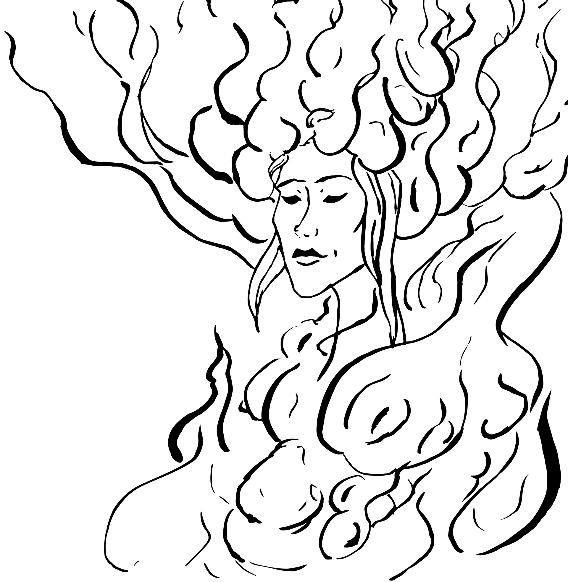 Black and white drawing of a woman lost in smoke. Her hair is confounded with the smoke