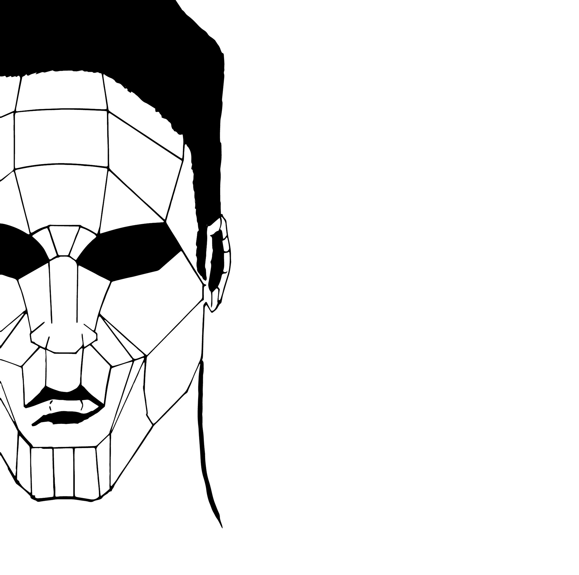 Black and white drawing of the face of a man. His orbits are black and some straight lines on his face give him a very geometric aspect.