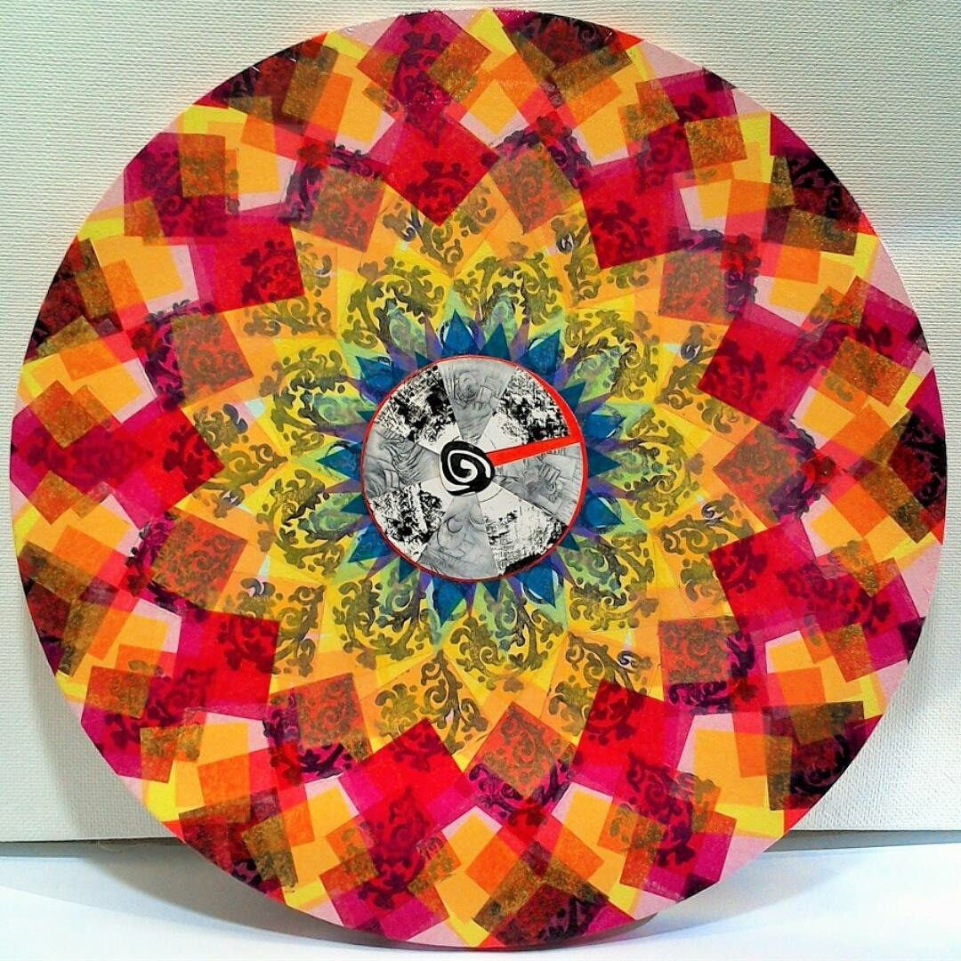 "Thinking in Verbal Feelings II", mixed media on canvas, 20" diameter, 2014