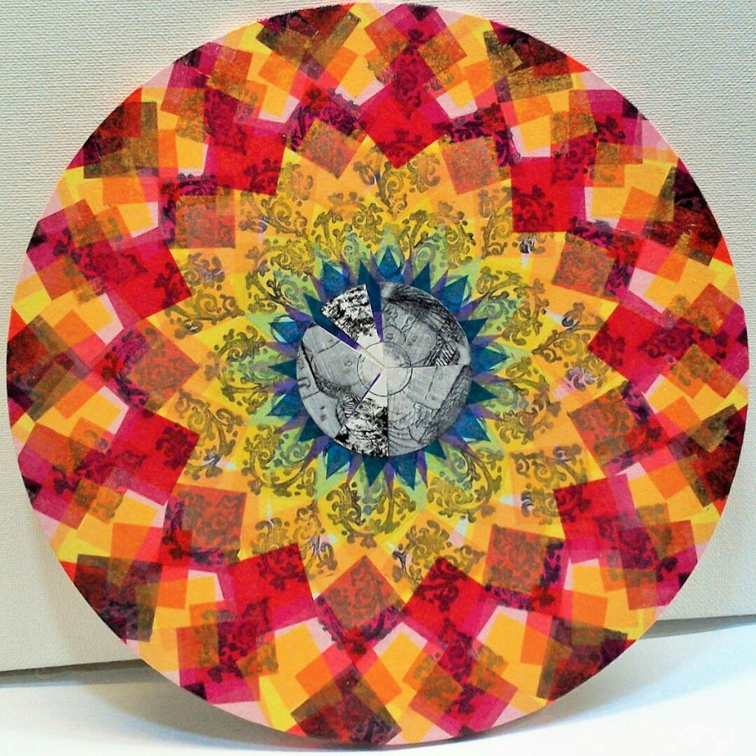 "Thinking in Verbal Feelings I", mixed media on canvas, 20" diameter, 2014