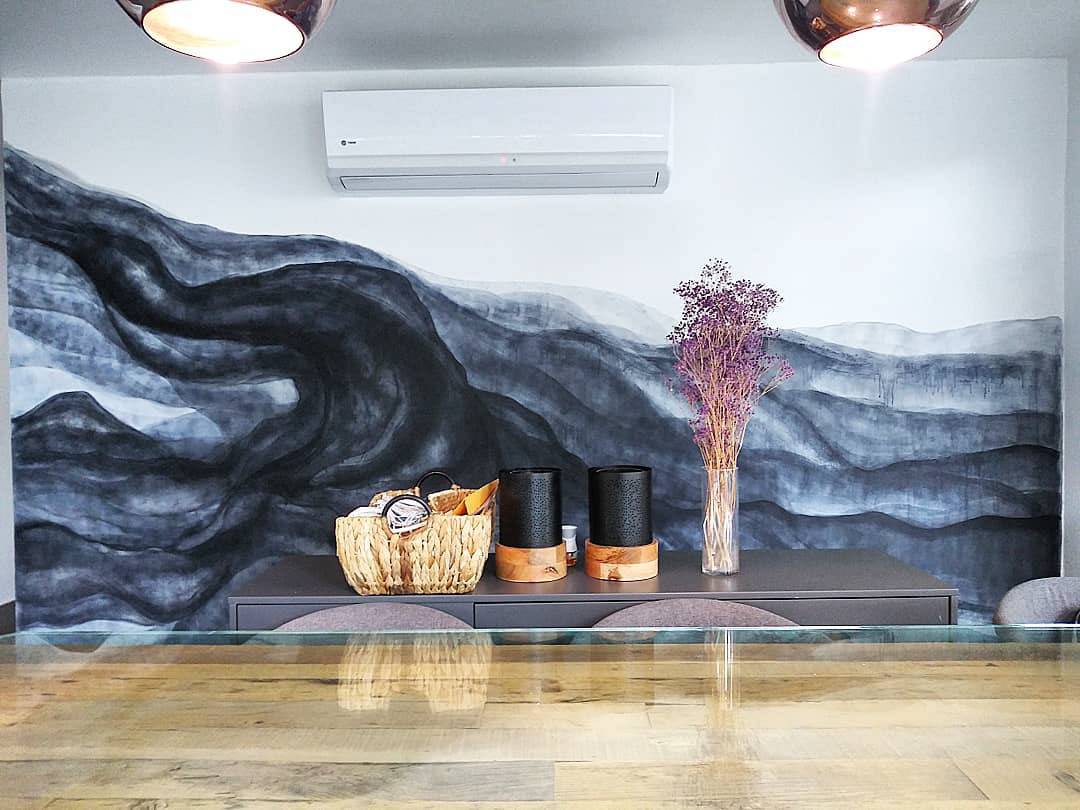 "Stratocumulus" Acrylic, spray and varnishes on concrete wall 10' x 15' 2020 Residence location: Dining room Project: Interior Design by Gepé Private Client/ Guaynabo PR