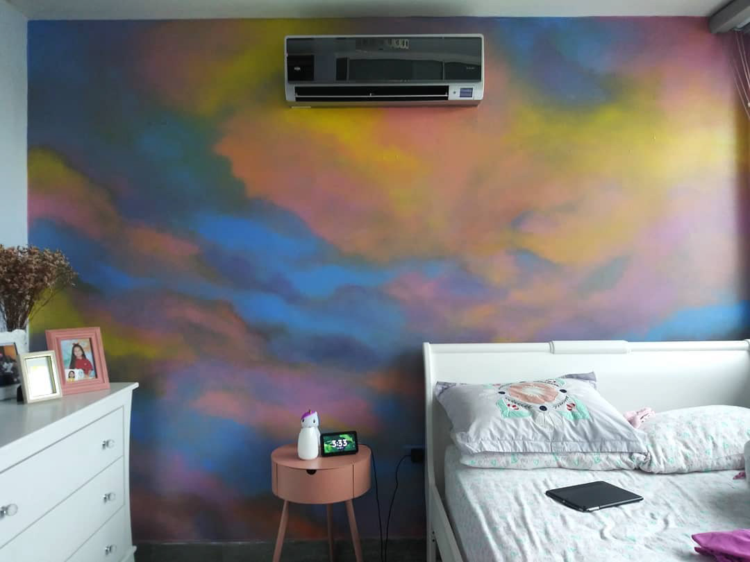 "Nimbostratus" Acrylic, spray and varnishes on concrete wall 10' x 15' 2020 Residence location: Fourth bedroom Project: Interior Design by Gepé Private Client/ Guaynabo PR
