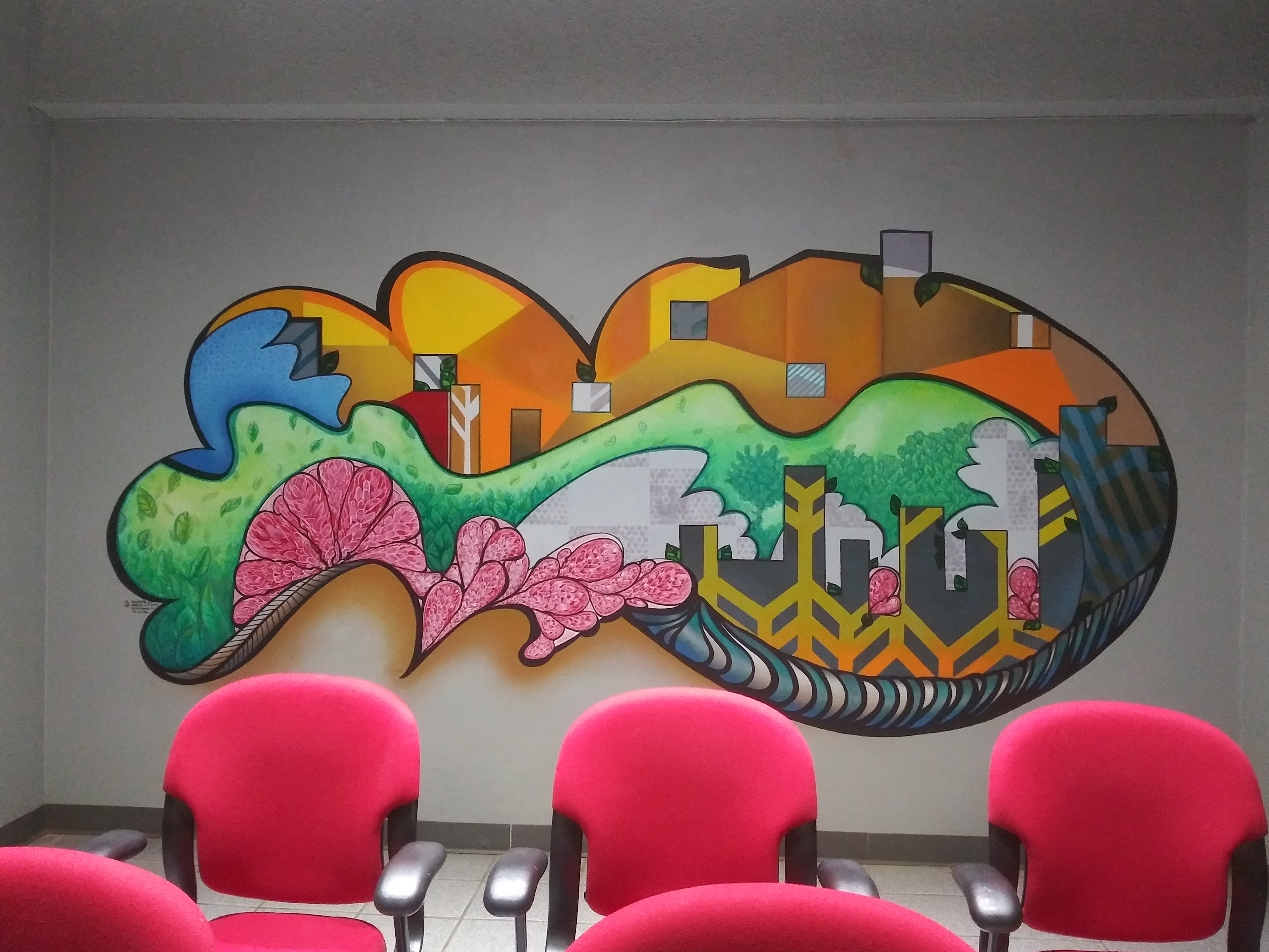 "Ecologies I" acrylic and spray paint on concrete wall 9' x 13' 2019 Location: Lobby, Wall 1, right side PMG Professional Medical Group, Caguas PR