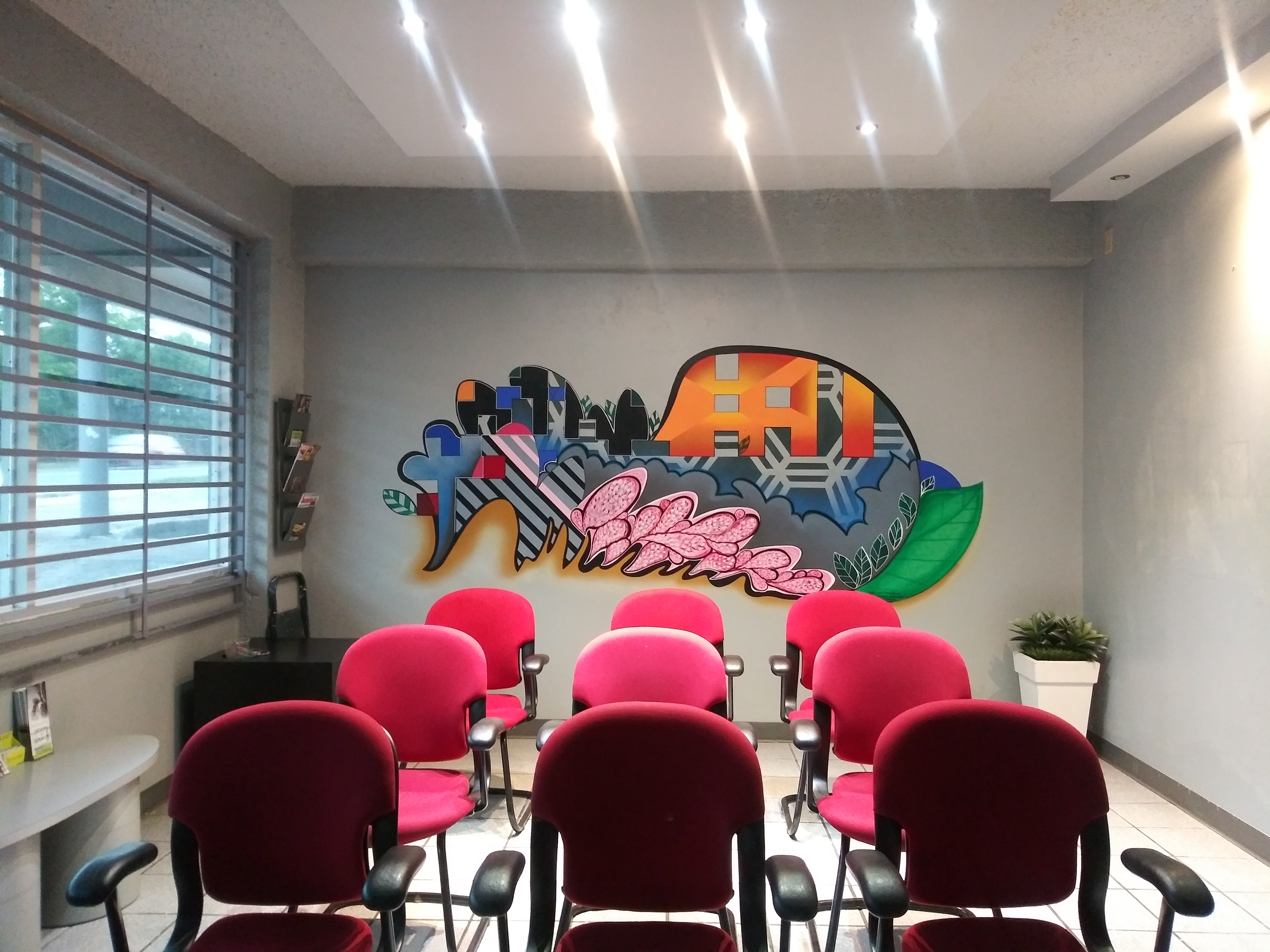 "Ecologies IV" acrylic and spray paint on concrete wall 9' x 13' 2019 Location: Lobby, Wall 4, left side PMG Professional Medical Group, Caguas PR