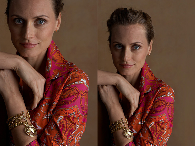 Talbots | Original image (left) was cropped too tightly in camera. Model composited from multiple image selects to complete head and hand (before & after).